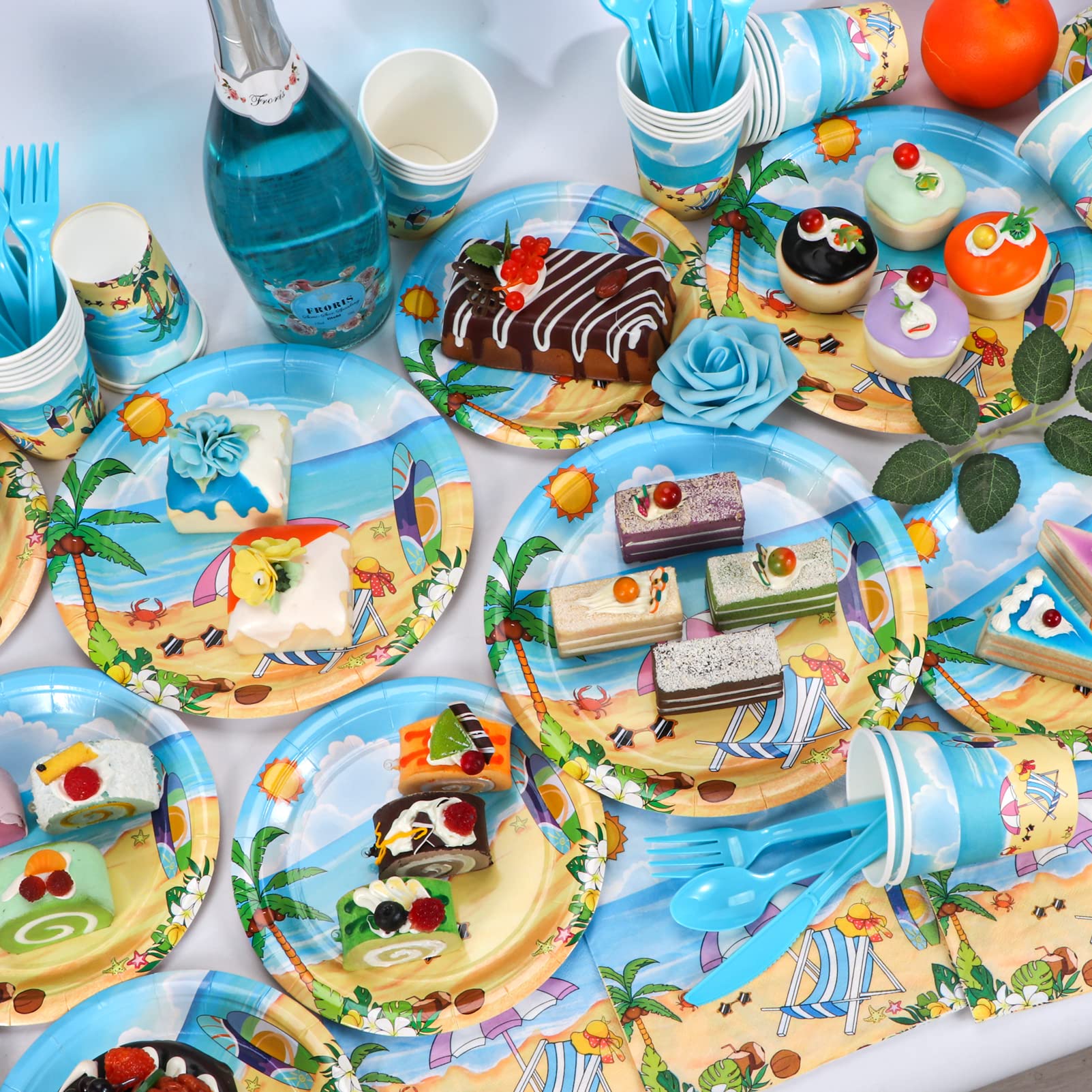 Atonofun Beach Party Supplies, Beach Plates And Napkins Set, Disposable Beach Plates, Cups, Napkins And Cutlery For Birthday, Po