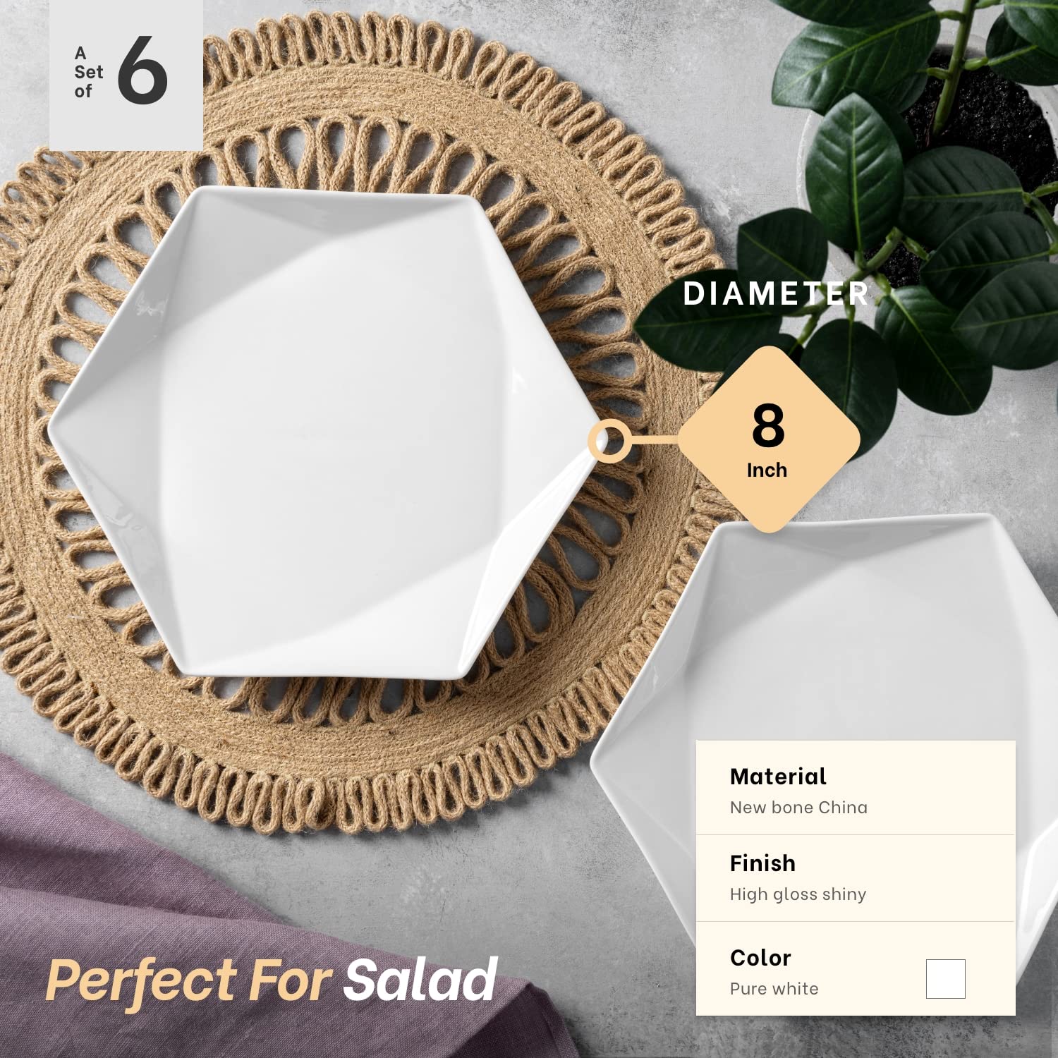 Mitbak 20 Ounce Bone China Soup Bowls | Set Of 6 Diamond Shaped White Serving Bowl Plates For Soup, Ramen, Cereal, Pasta, Fruit,