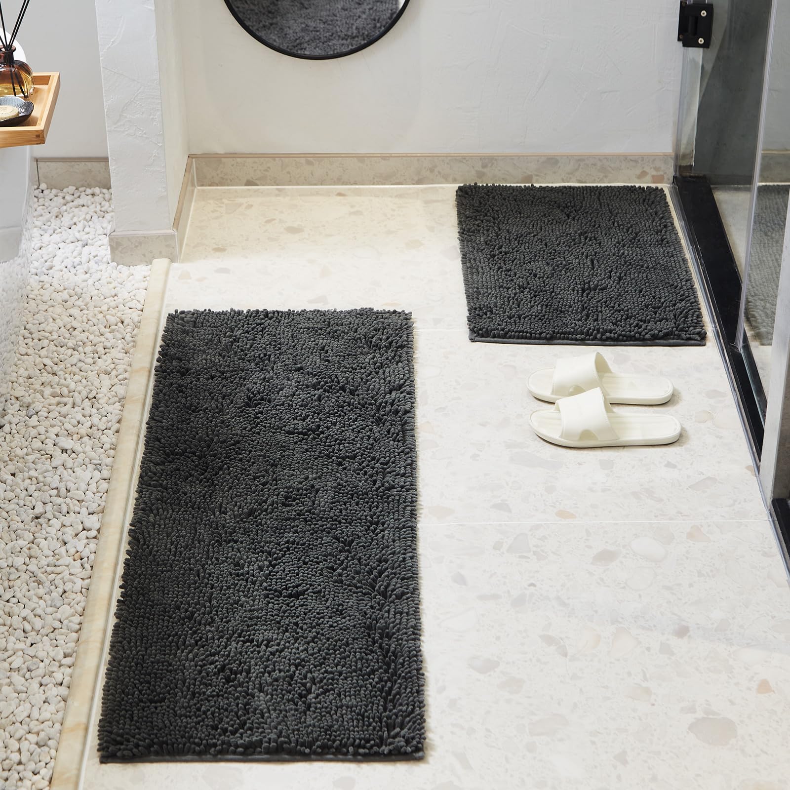 Techmilly Soft Fluffy Chenille Bathroom Rugs Sets 2 Pieces, Non Slip Absorbent Bath Mats For Bathroom, Washable And Quick Dry, G