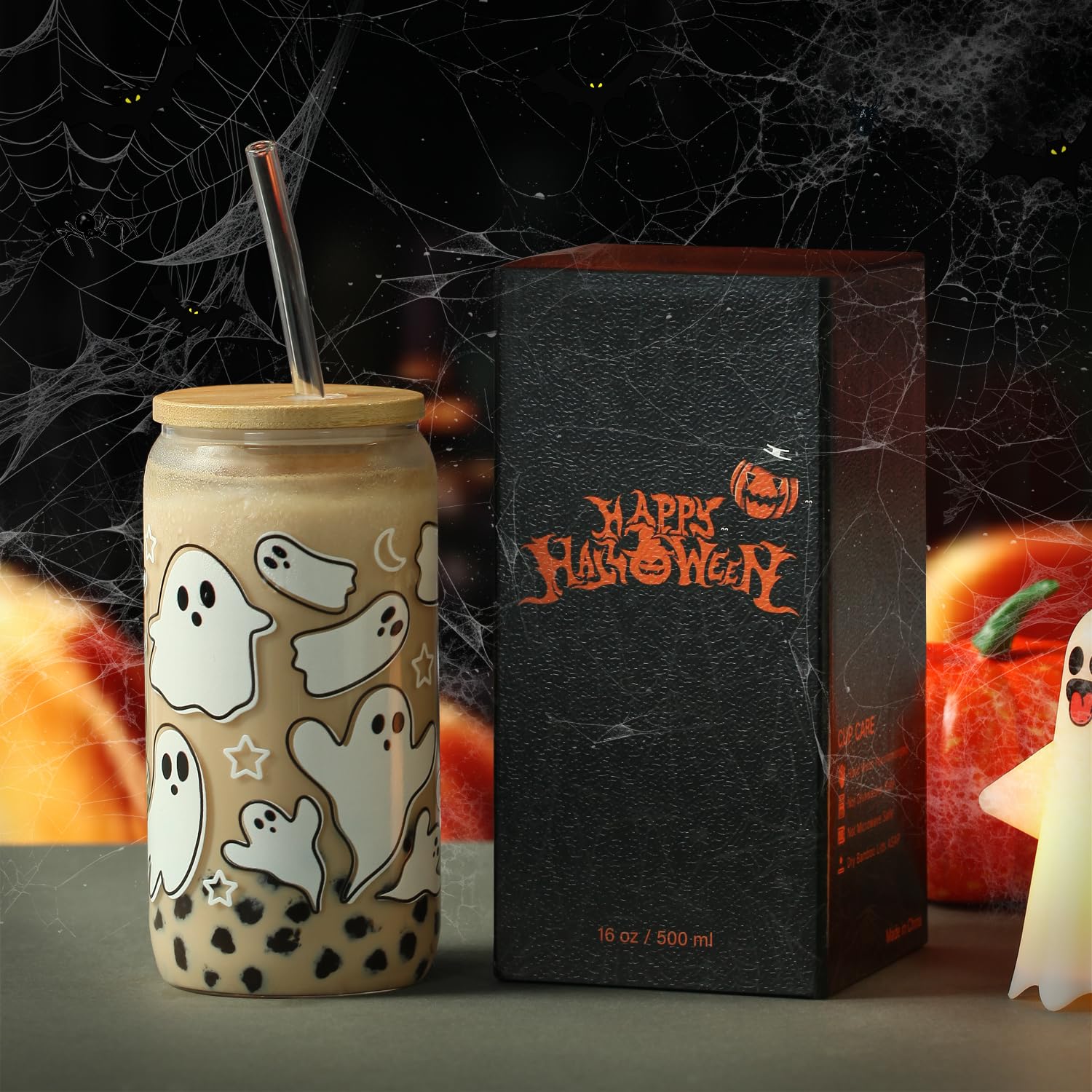 KMCCUMBER Halloween Ghost Fall Glass Cup with Lids and Straws, 16 oz Ghost Fall Mug, Iced Coffee Glass Tumbler, Spooky Glass Cup