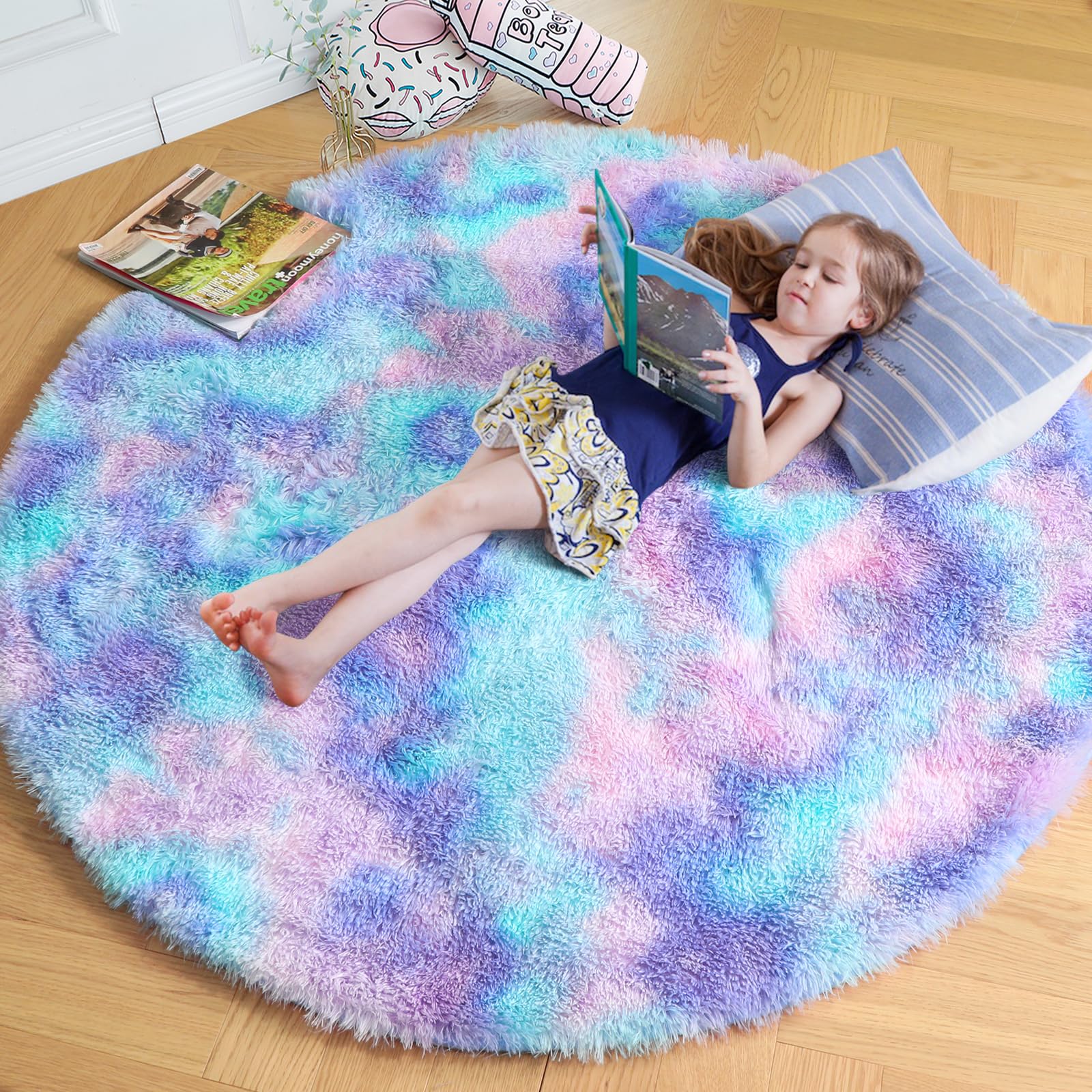 Amdrebio Blue Purple Rainbow Rugs for Girls Bedroom 4x4, Fluffy Round Rug for Kids Room Decor, Cute Mermaid Shag Carpet for Nurs