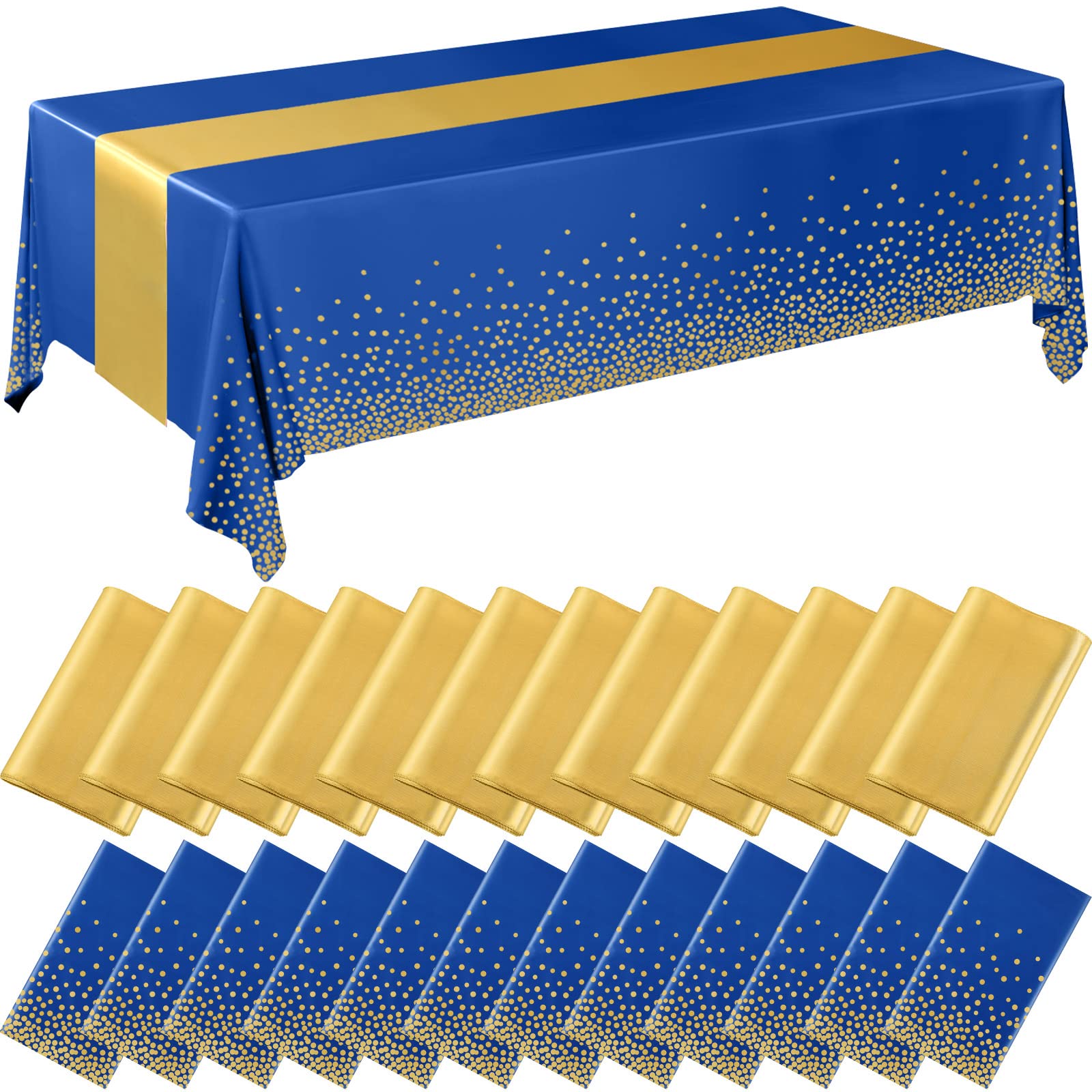 Breling 24 Packs Navy Blue and Gold Disposable Plastic Tablecloths and Satin Table Runner Set, 54 x 108 Inch Tablecloth, 12 x 10