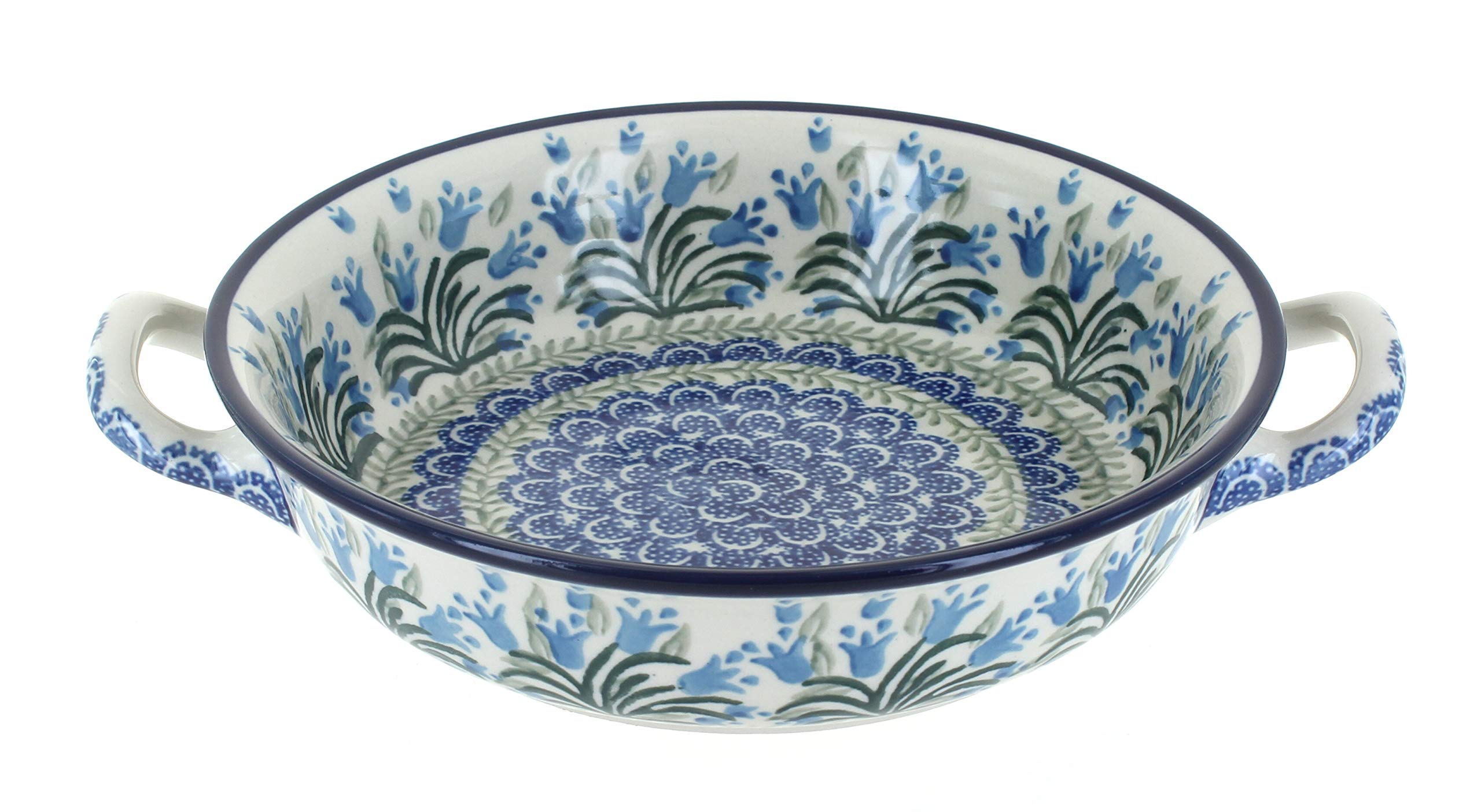 Blue Rose Polish Pottery  Blue Tulip Bouquet Small Round Casserole with Handles  8.25 Diameter  Unique, Dishwasher Safe, & D