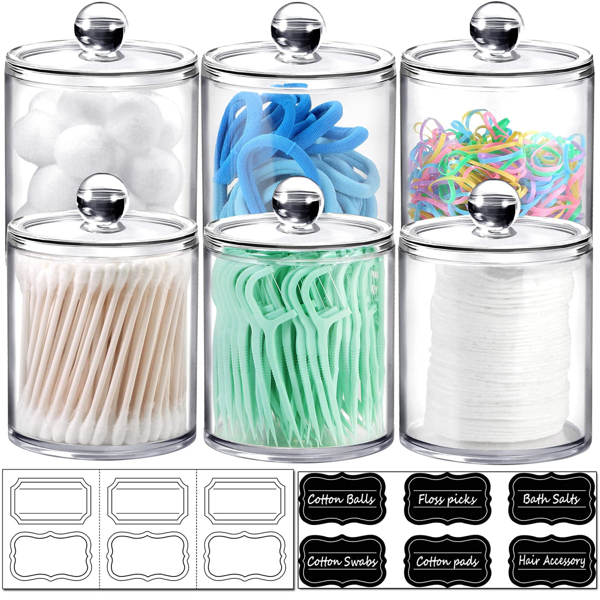 6 Pack Of 12 Oz. Qtip Dispenser Apothecary Jars Bathroom With Labels - Holder Storage Canister Clear Plastic Acrylic Jar For Cot