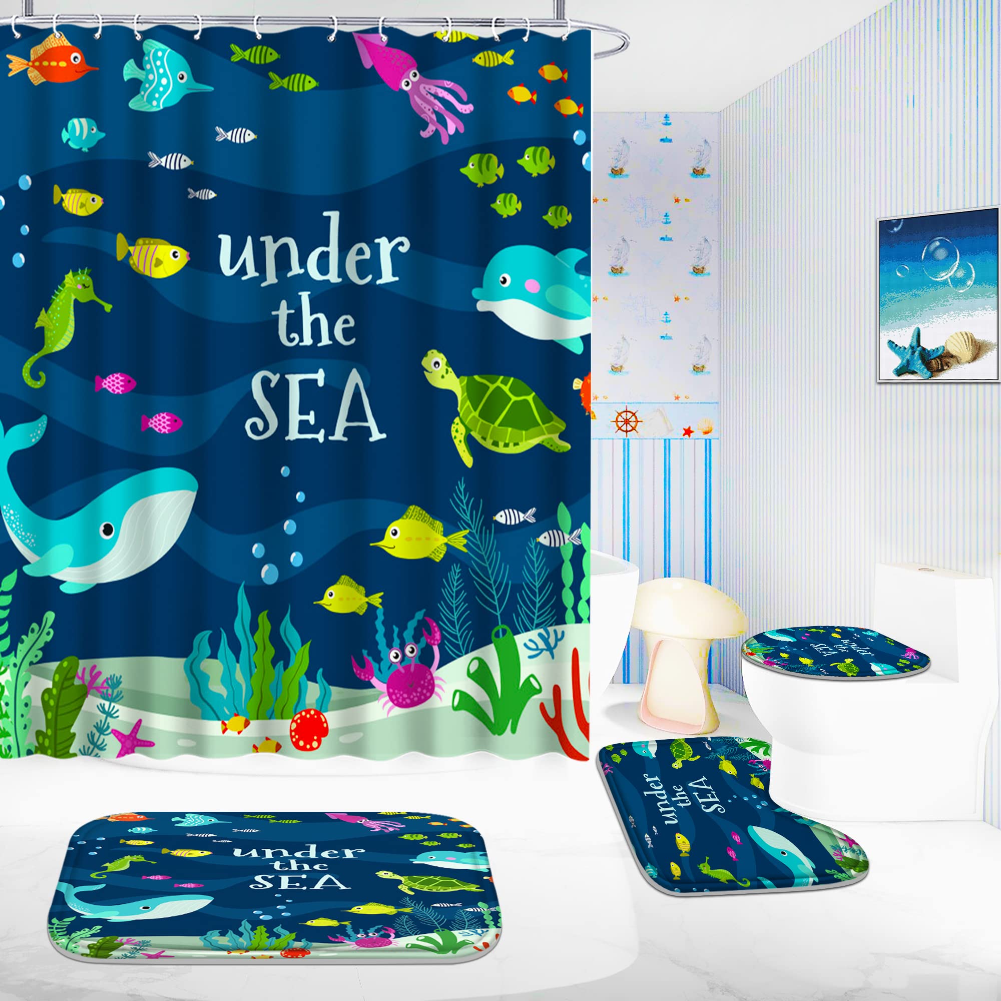 Poedist 4 Pcs Bathroom Shower Curtain Sets,Kid'S Shower Curtain Sets With Rugs(Bath Mat,U Shape And Toilet Lid Cover Mat) And 12