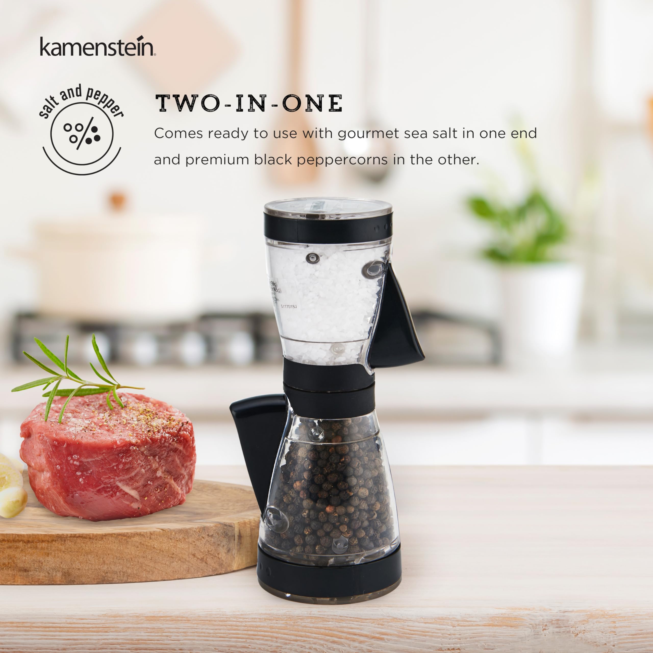 Kamenstein One-Handed 2-In-A-1 Dual Salt And Pepper Grinder-Adjustable And Refillable, 8-Inch, Black