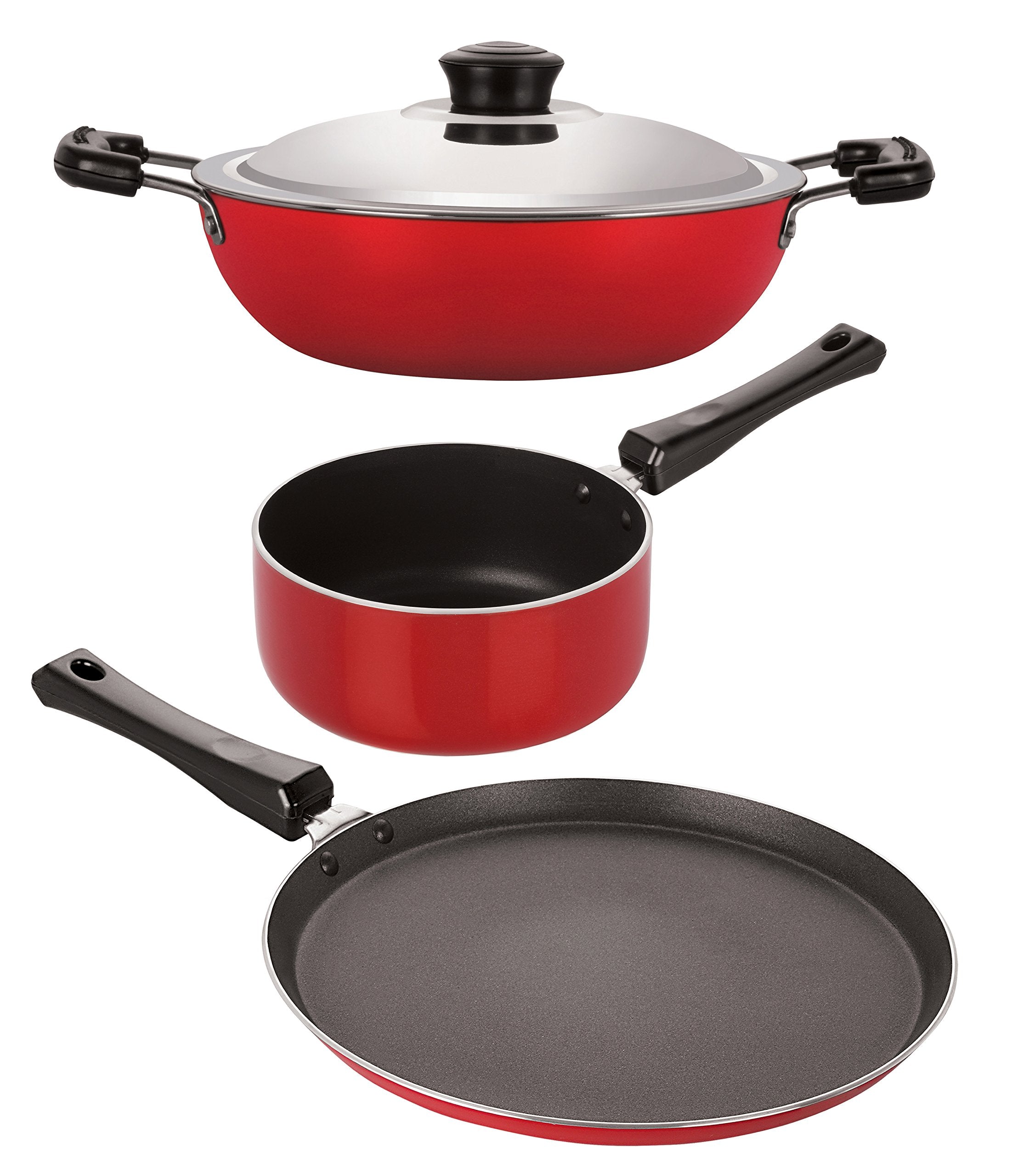 Nirlon NonStick Aluminium Tawa Kadhai And Sauce Pan 3 Piece Combo Cooking Set, 2.6Mm_Ft10_Dkd(B)_Sp(M)