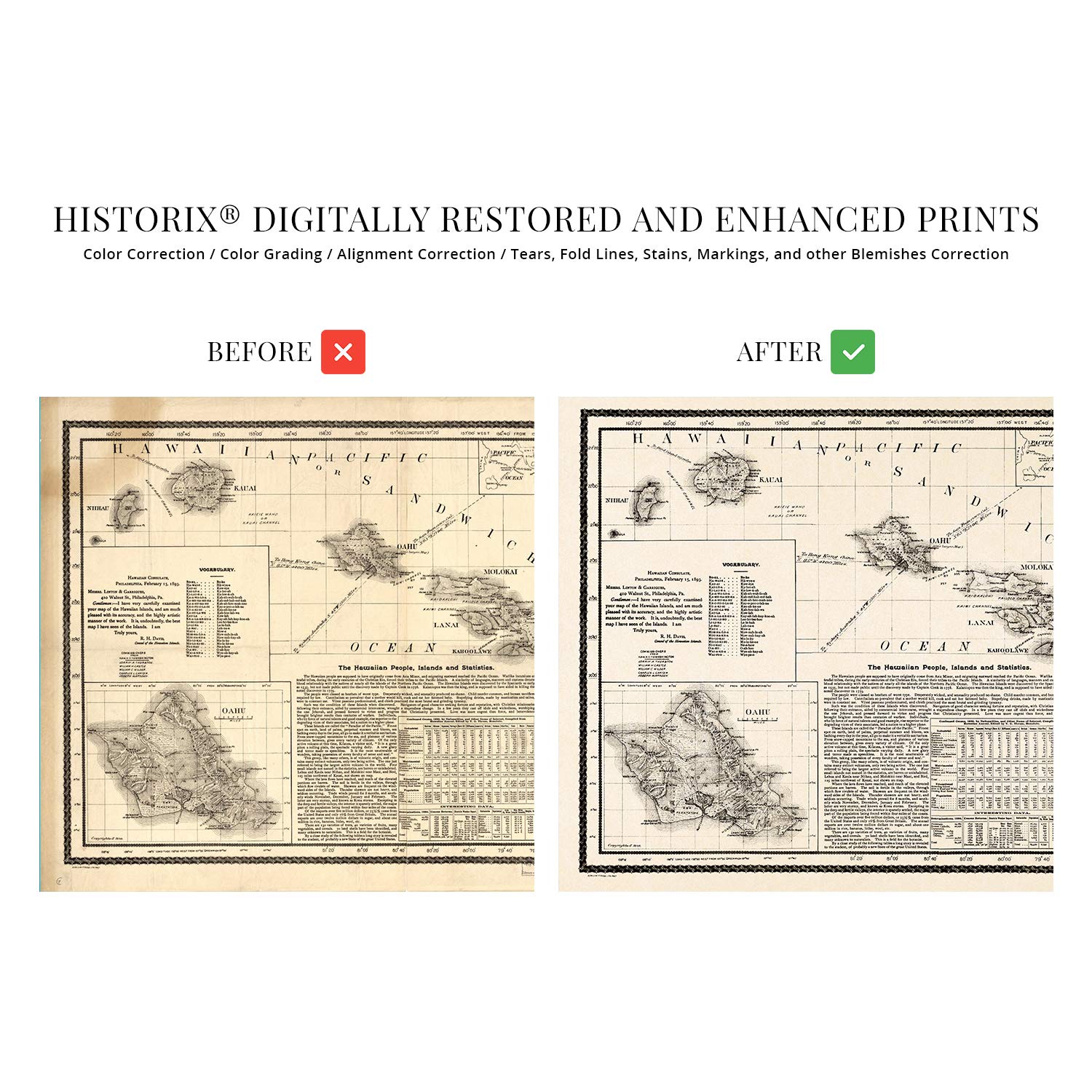 Historix Vintage 1893 Map Of Hawaii - 24X36 Inch Vintage Map Of Hawaiian Islands Wall Art - Hawaii Vintage Map Includes Text And