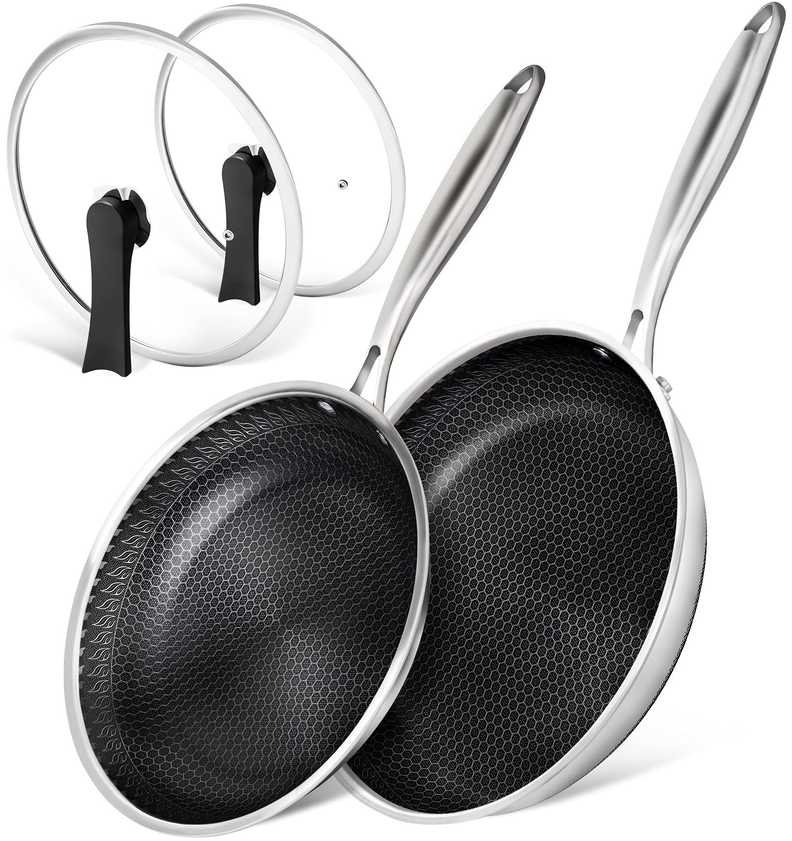 Michelangelo Stainless Steel Frying Pan Set, 9.5 & 11 Inch Stainless Steel Frying Pans Nonstick With Lid, Steel Fry Pan Set, Hon