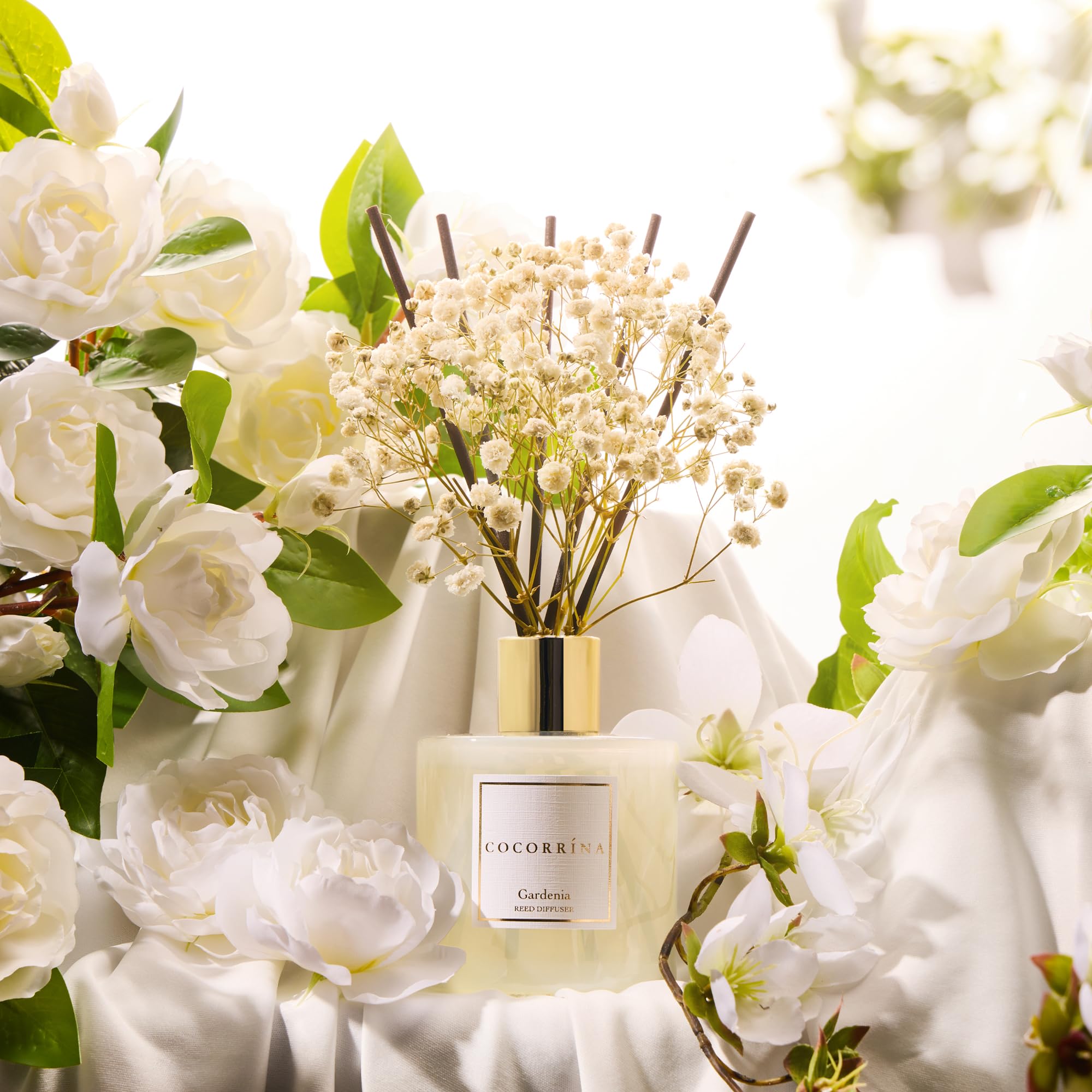 COCORR  NA Reed Diffuser - Gardenia 6.7 Fl.oz Reed Diffuser Set with Sticks & Preserved Babys Breath, Reed Diffuser for Home Ba