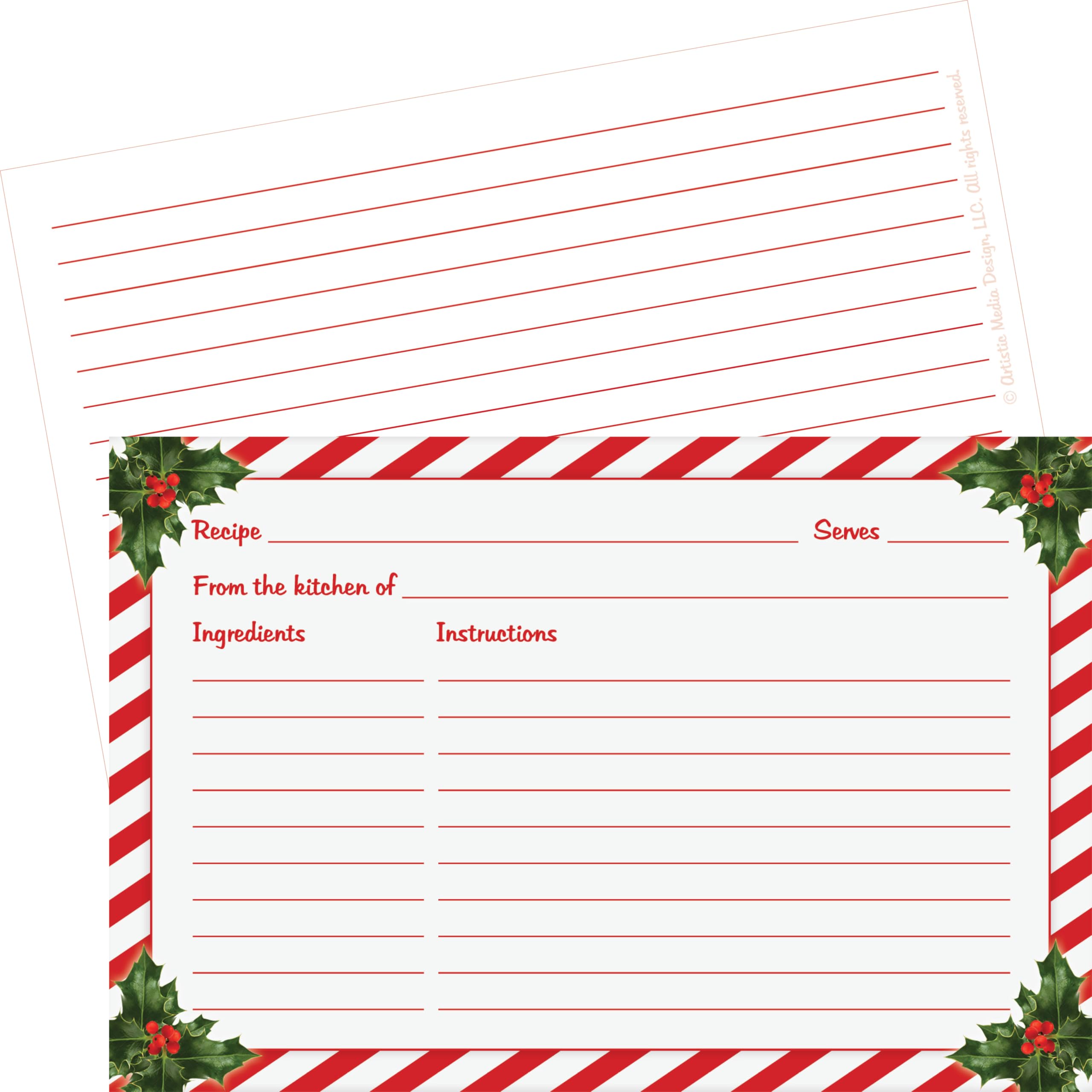 Christmas Recipe Cards (Set Of 50 Cards) | Double-Sided 4X6 Premium Holiday Recipe Cards With Holly Design | Made In Usa | Cooki