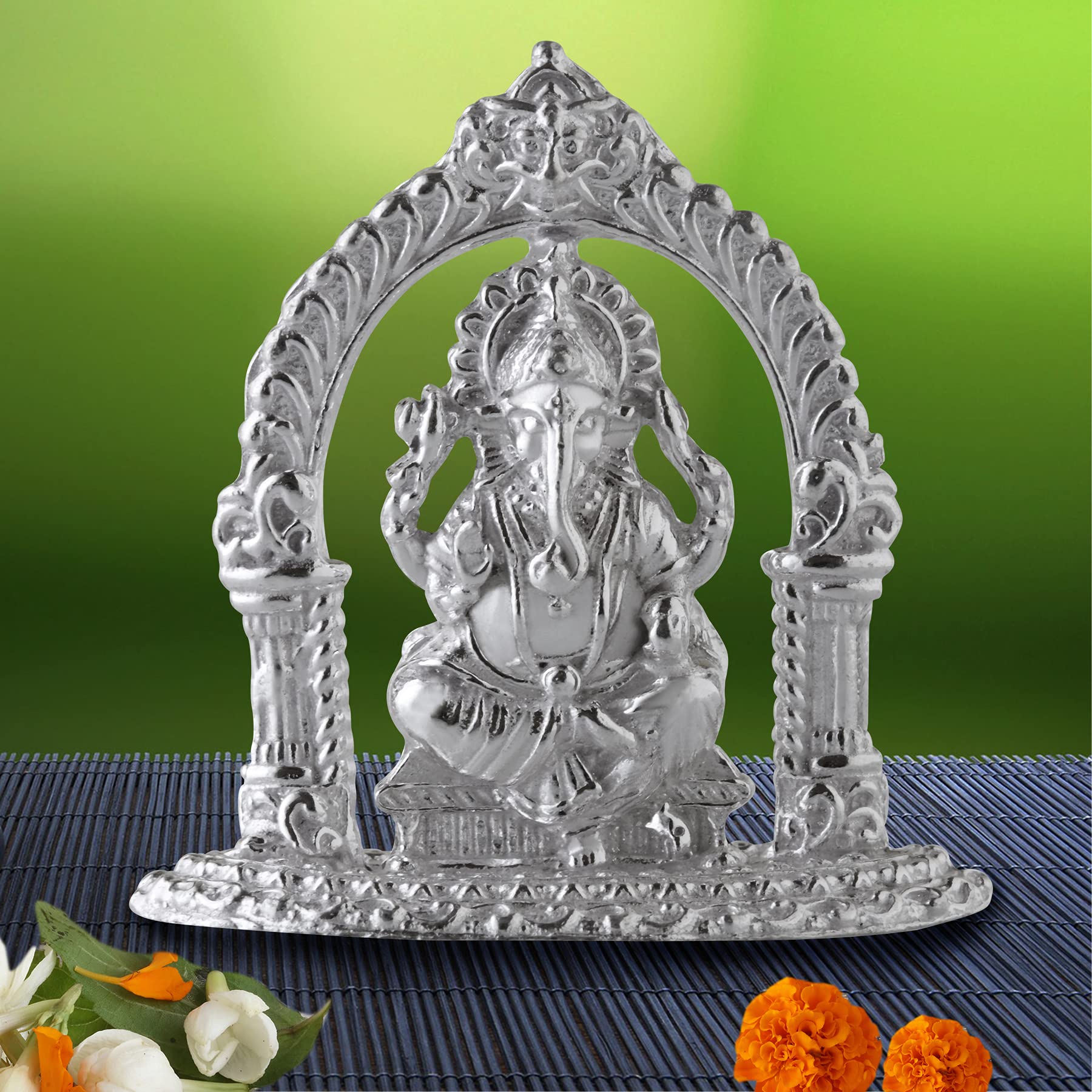 Prd Caratcafe Lord Ganesh Idol Pure Silver 925 2D Solid Murti For Car Dashboard Pooja, Temple, Good Luck Gift & Home Decor (Nt W