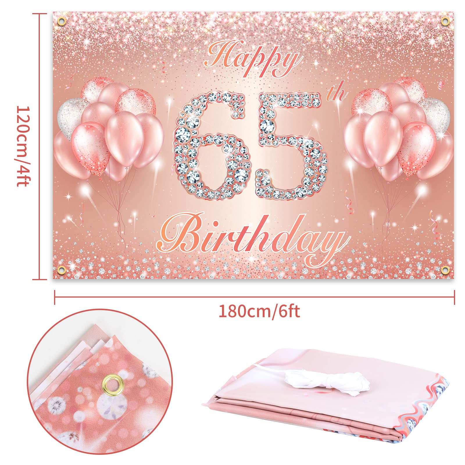 Happy 65Th Birthday Banner Backdrop - 65 Birthday Party Decorations Supplies For Women Or Men - Rose Gold 4 X 6Ft