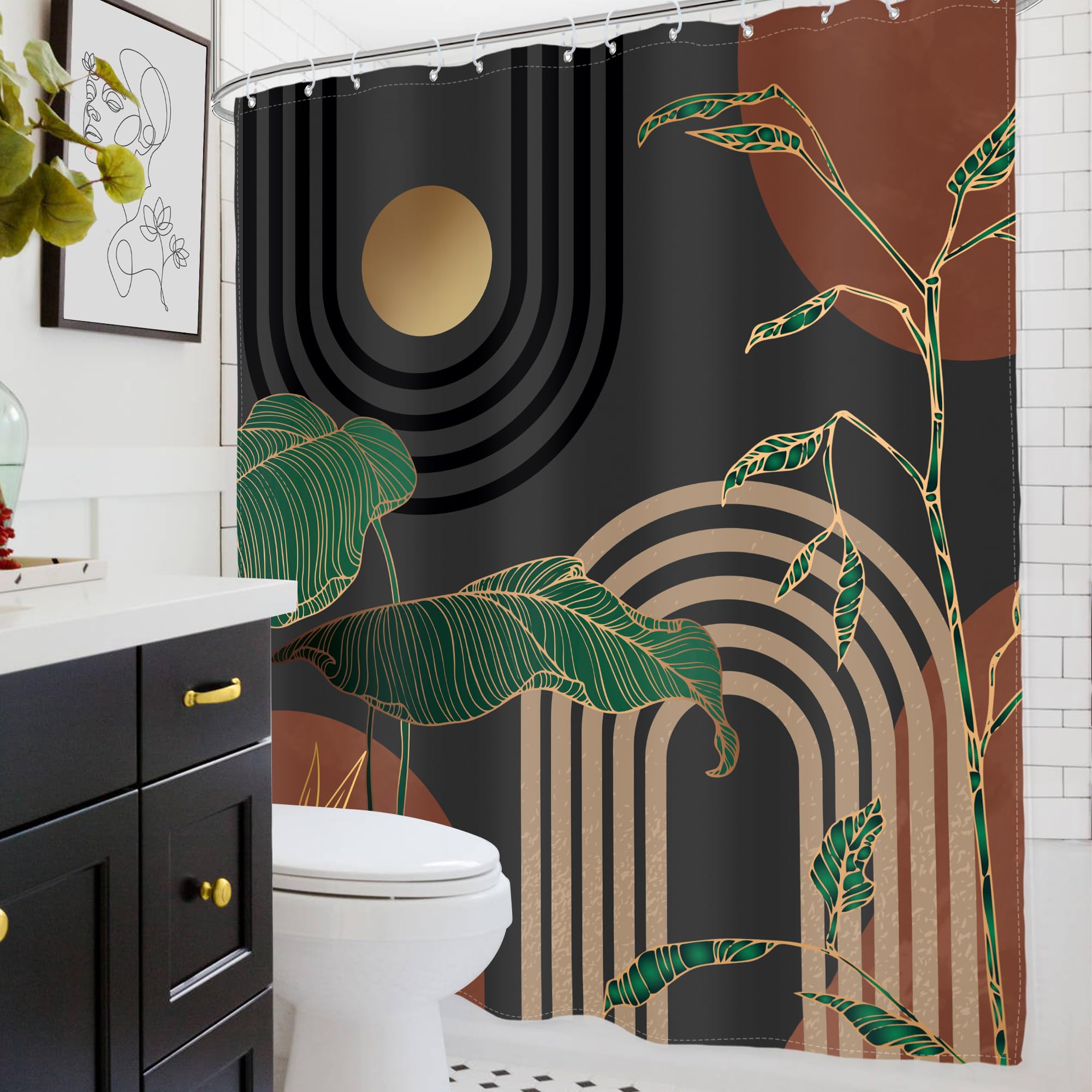 Glawry Brown Abstract Mid Century Shower Curtain Extra Long Boho Retro Tropical Palm Tree Sun Arch Modern Bathroom Simple Geomet
