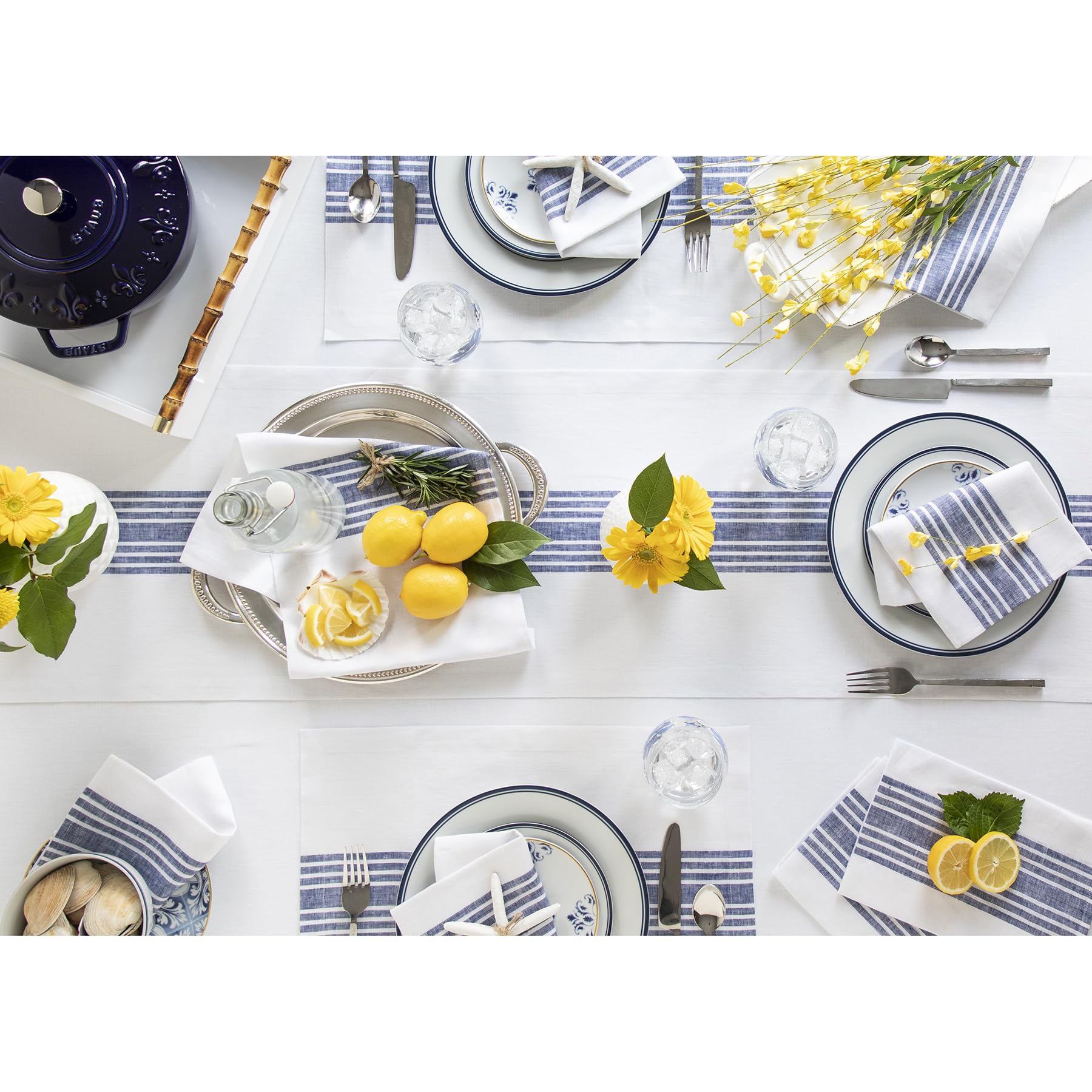 Solino Home Stripe Linen Table Runner 108 Inches Long - 100% Pure Linen Navy And White Table Runner 14 X 108 Inch - Machine Wash