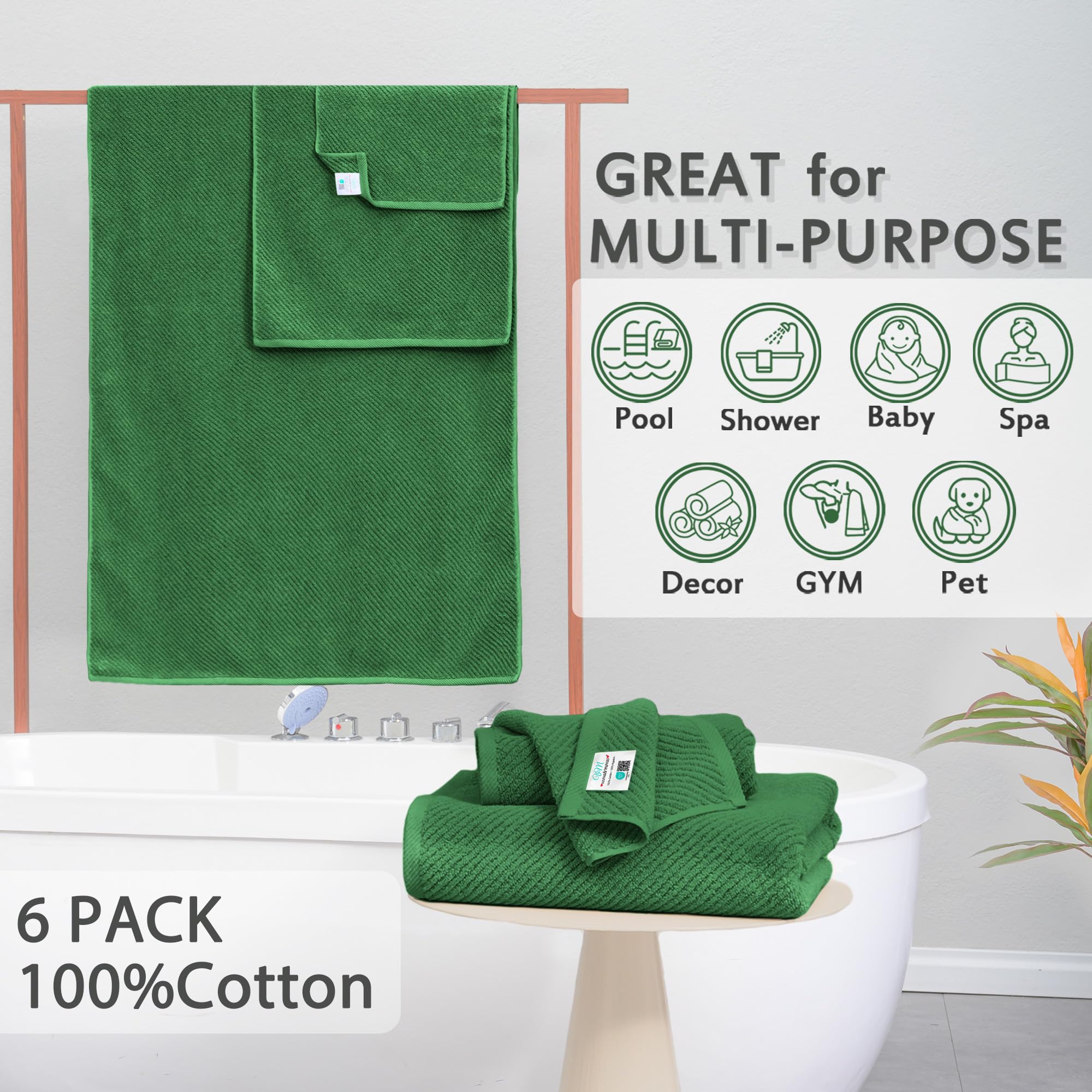 Green Towels, 6 Piece Towels Set - Cotton | Quick Dry | Thick | Lightweight | Soft, 2 Large Bath Towels 30''X56'', 2 Hand Towels