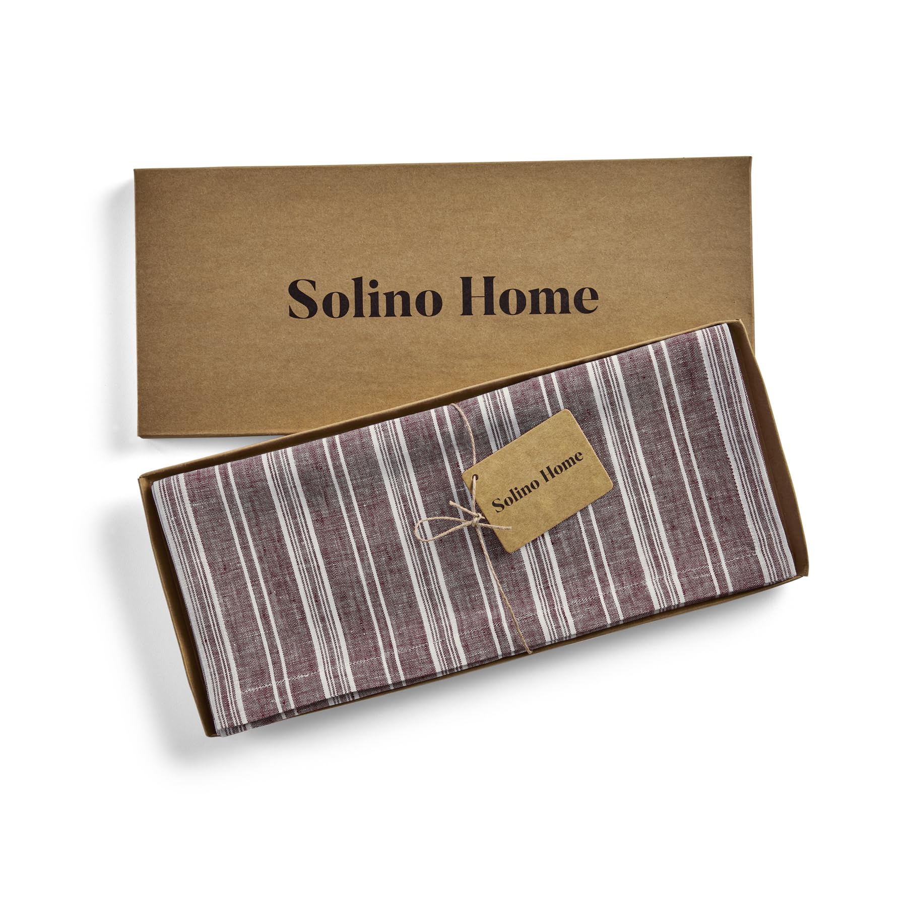 Solino Home Stripe Linen Table Runner 72 Inches Long - 100% Pure Linen Burgundy And White Dining Table Runner 14 X 72 Inch Ideal