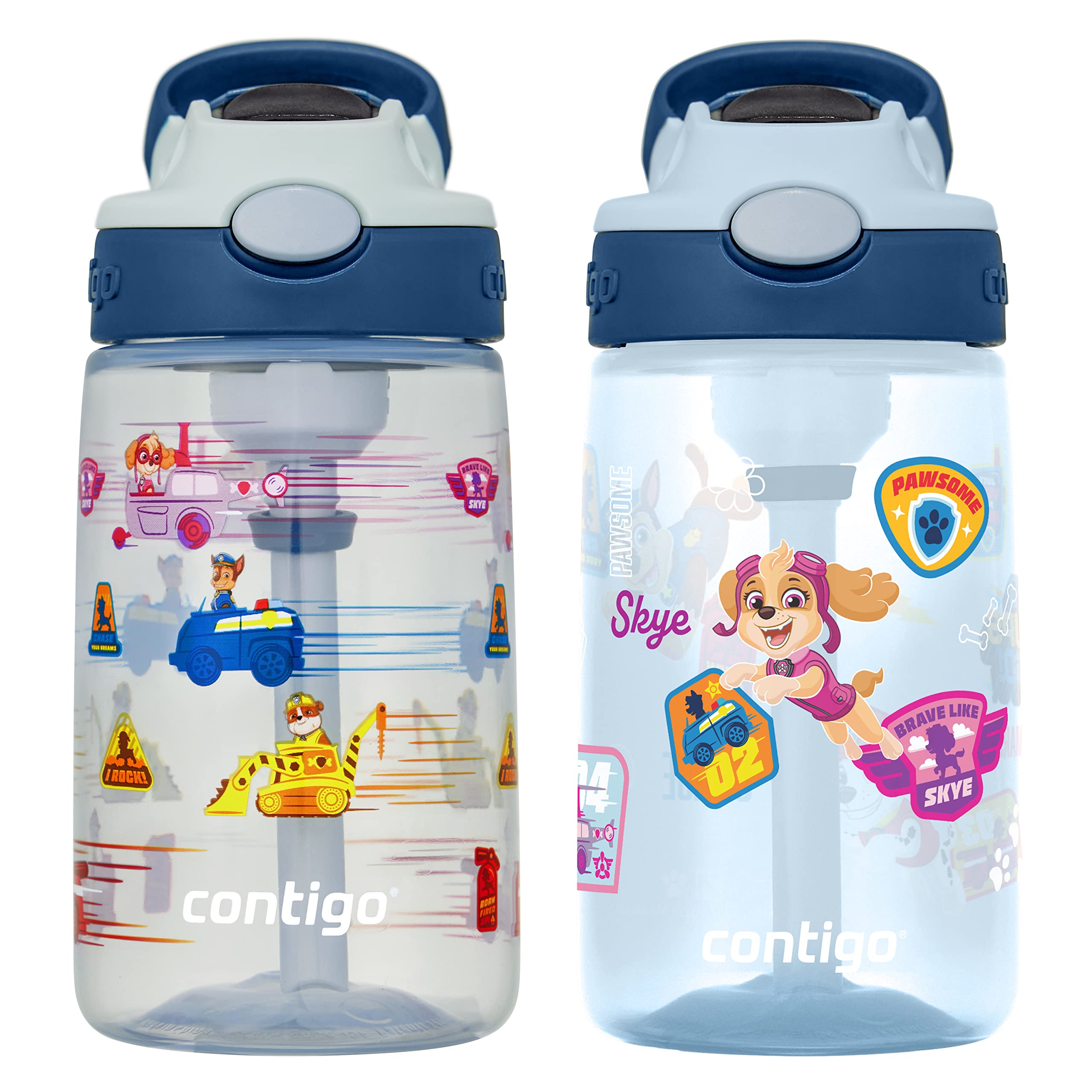 Contigo Paw Patrol Kids 14Oz Plastic Water Bottles, Aubrey Design With Spill-Proof Lid, Silicone Straw, 2-Pack, Convenient For T
