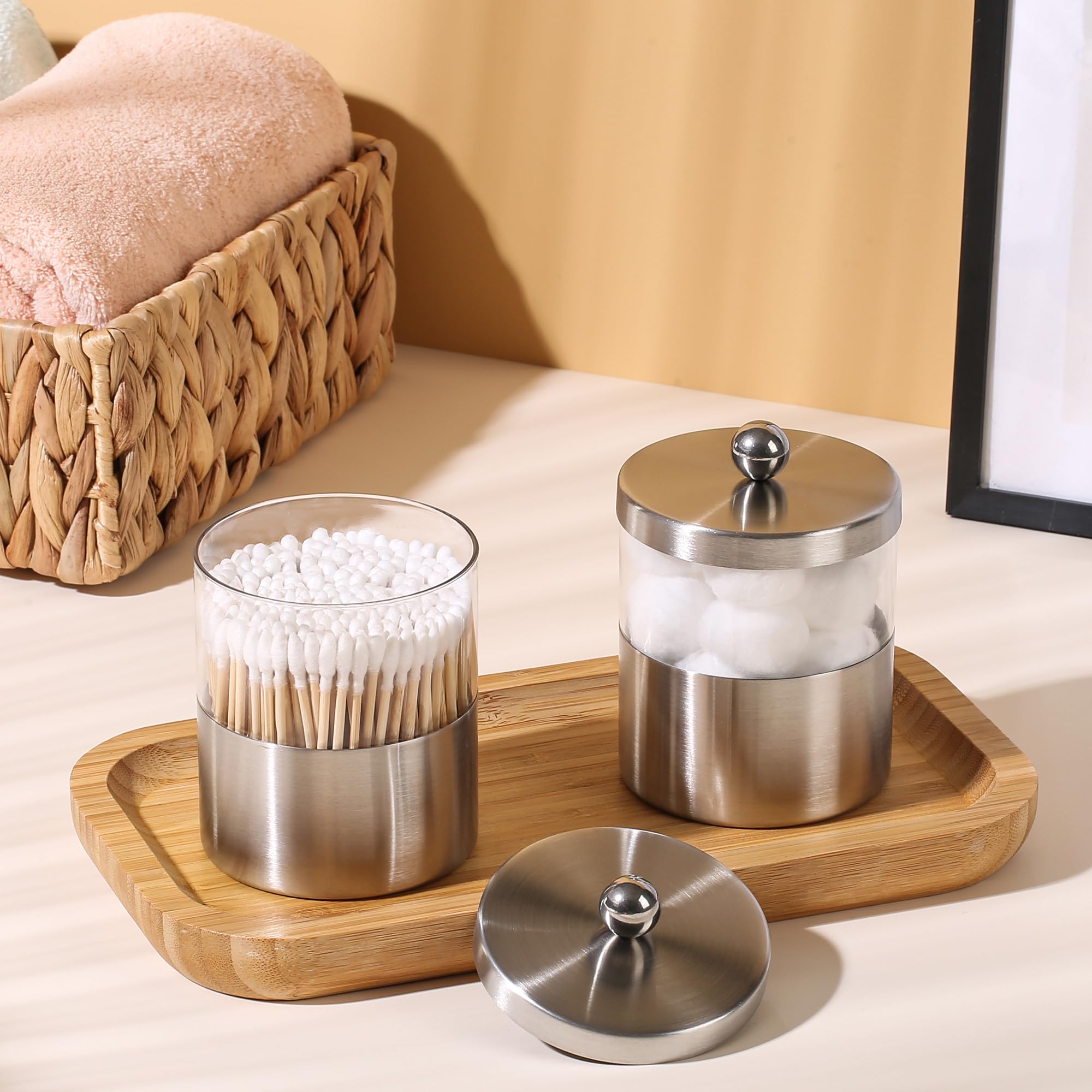 Gaussra Apothecary Jars, Qtip Holder - Stainless Steel Bathroom Jar With Stickers - Farmhouse Decor Qtip Dispenser For Qtips, Co