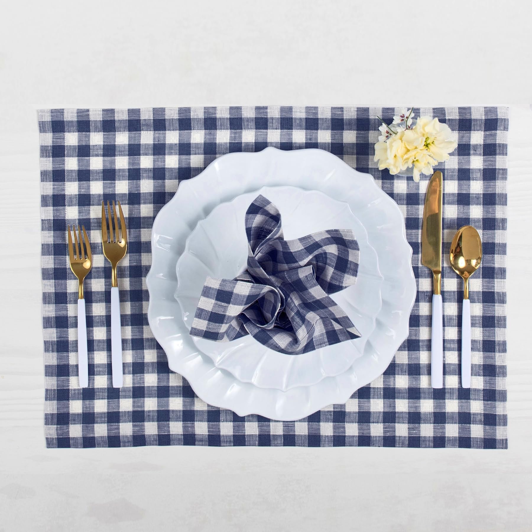 Solino Home Check Linen Dinner Napkins 20 X 20 Inch - 100% Pure Linen Navy Plaid Cloth Napkins Set Of 4 For Spring, Easter - Gin