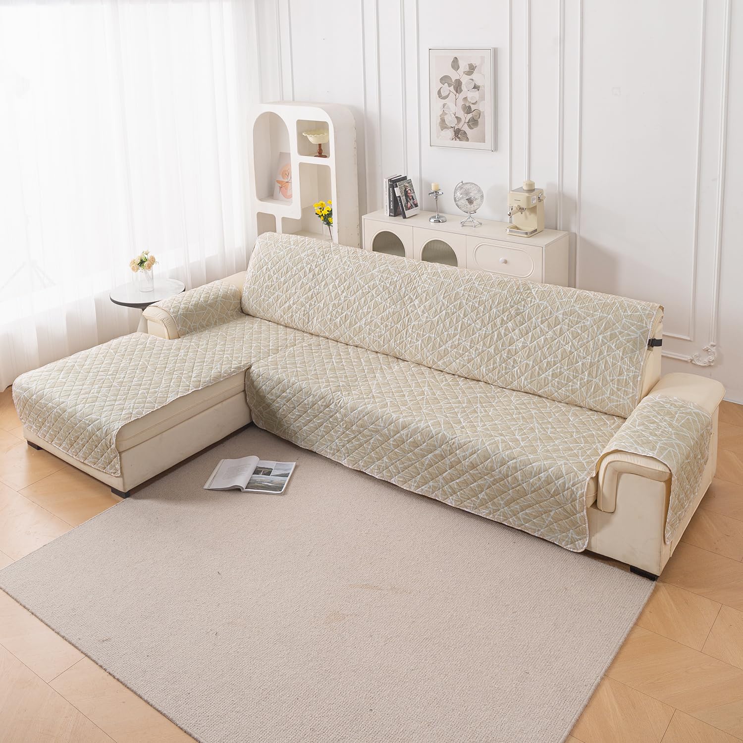 Hokipo Elira Series Printed Quilted One-Piece L Shape 5 Seater (3+2) Sofa Cover Mat With Left Chaise | Anti-Slip Backing & Sec