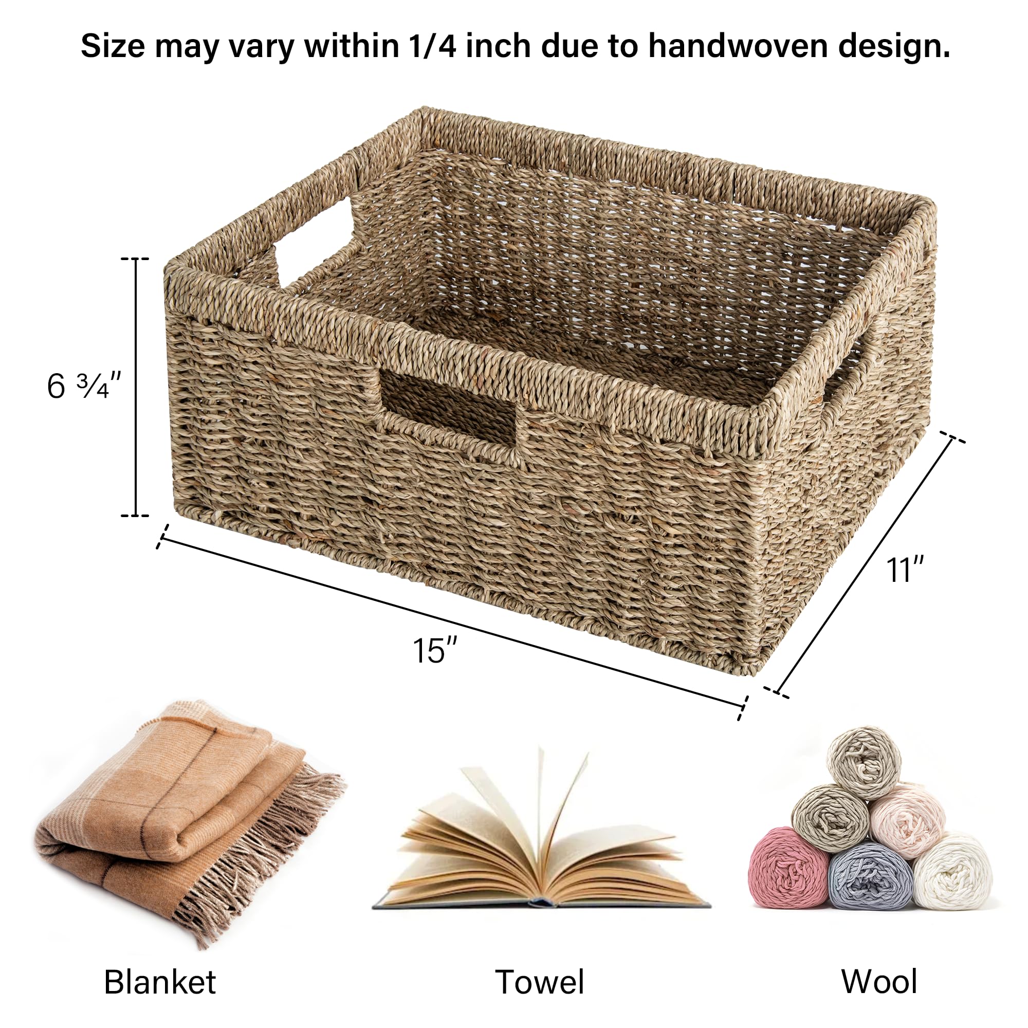 StorageWorks Large Wicker Storage Basket  Seagrass Rectangle Basket with Built-in Handles  Handwoven Rattan Basket for Blanket  1 Pack