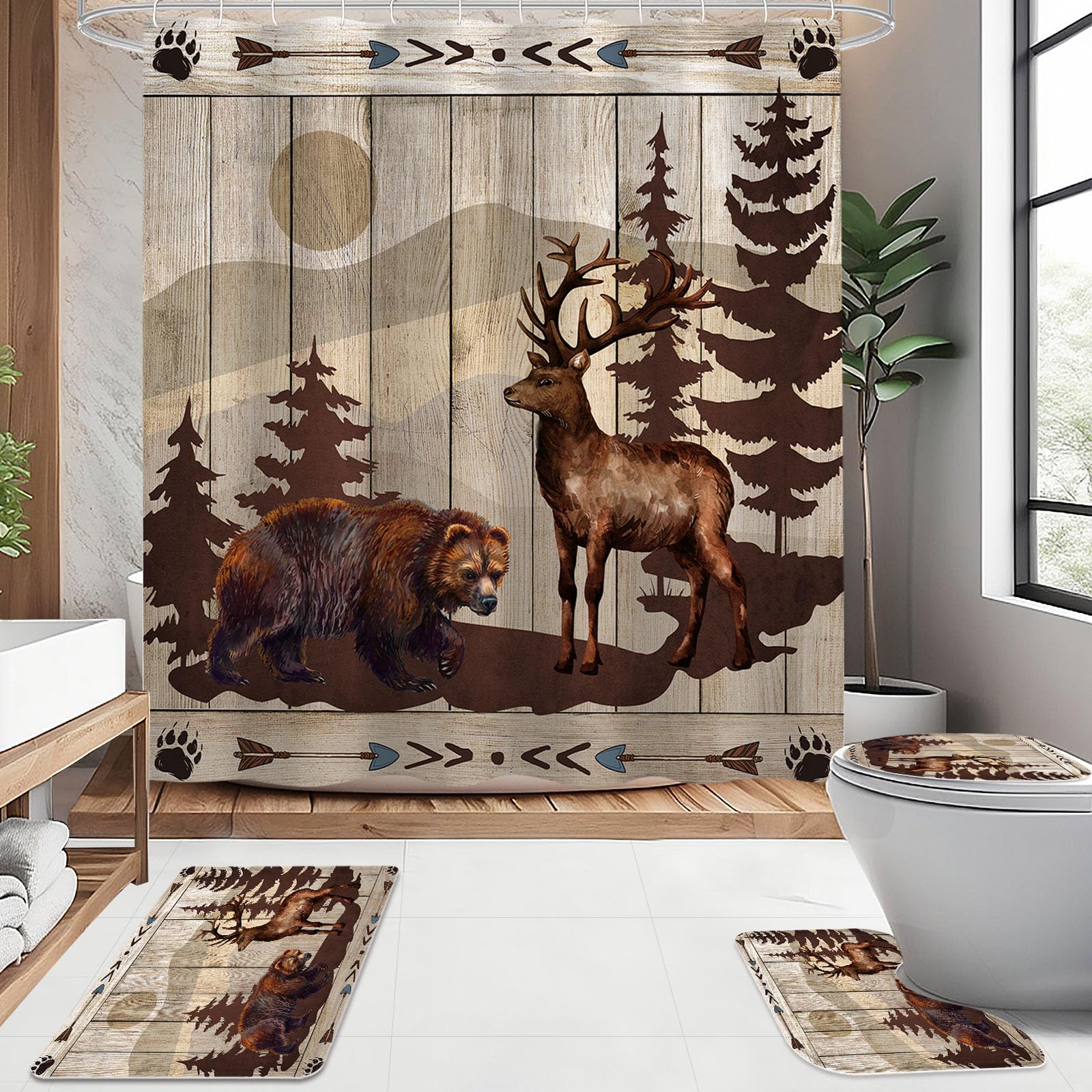 Litabel 4 Pcs Farmhouse Bear And Deer Shower Curtain Set With Non-Slip Rugs, Toilet Lid Cover And Bath Mat,Wooden Bathroom Decor