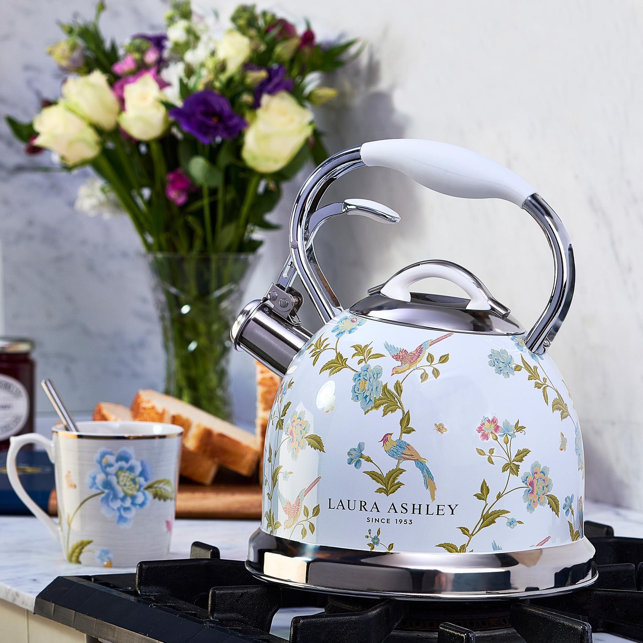 Vq Laura Ashley Elveden White 3L Stainless Steel Tea Kettle Stovetop Whistling Teapot For Induction, Gas Hob Or Others. Silicon