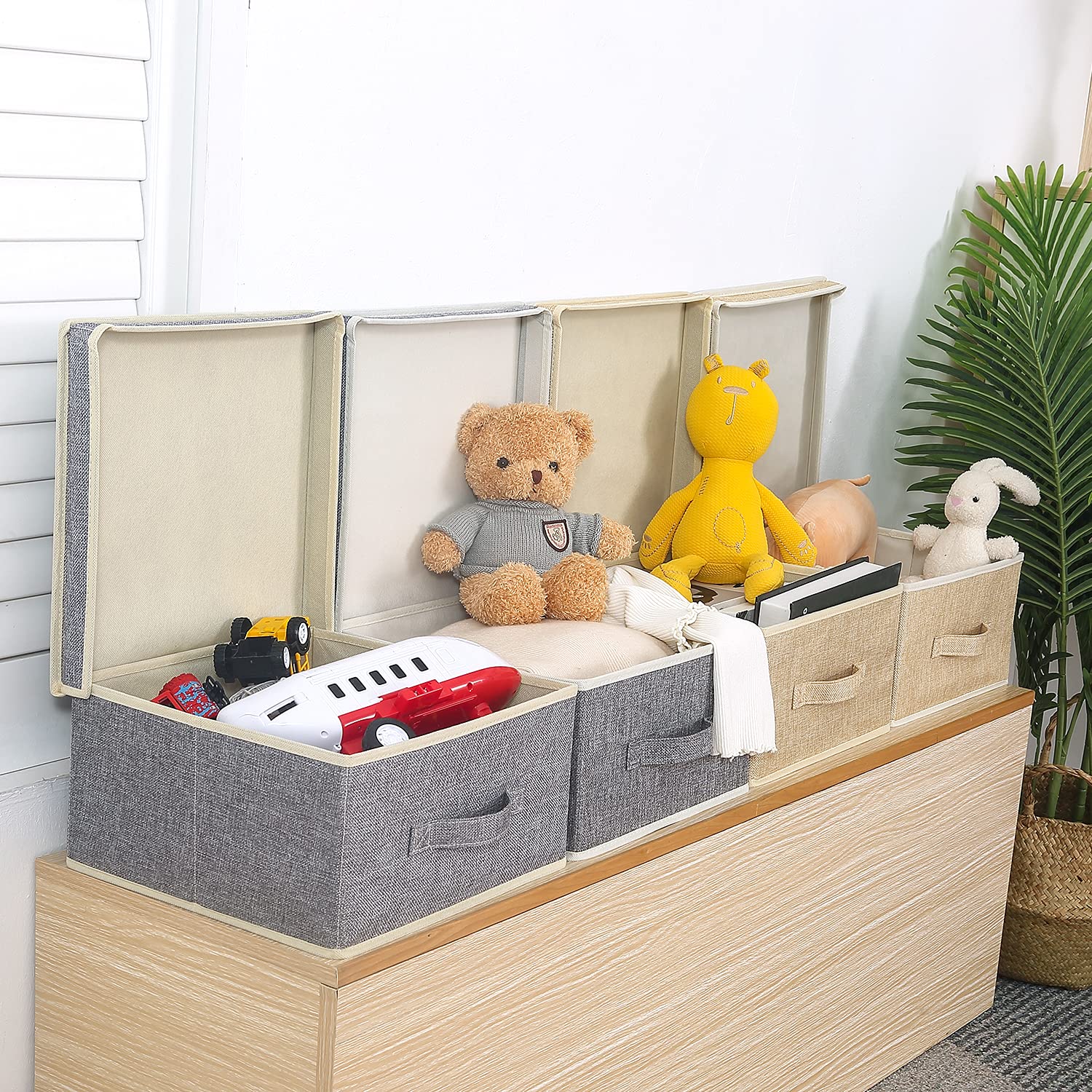 Domeraax Storage Bins With Lid, Foldable Clothing Storage Box Case With Handle For Toy, Books, Closet, Bedroom, Home, Gray+Apric