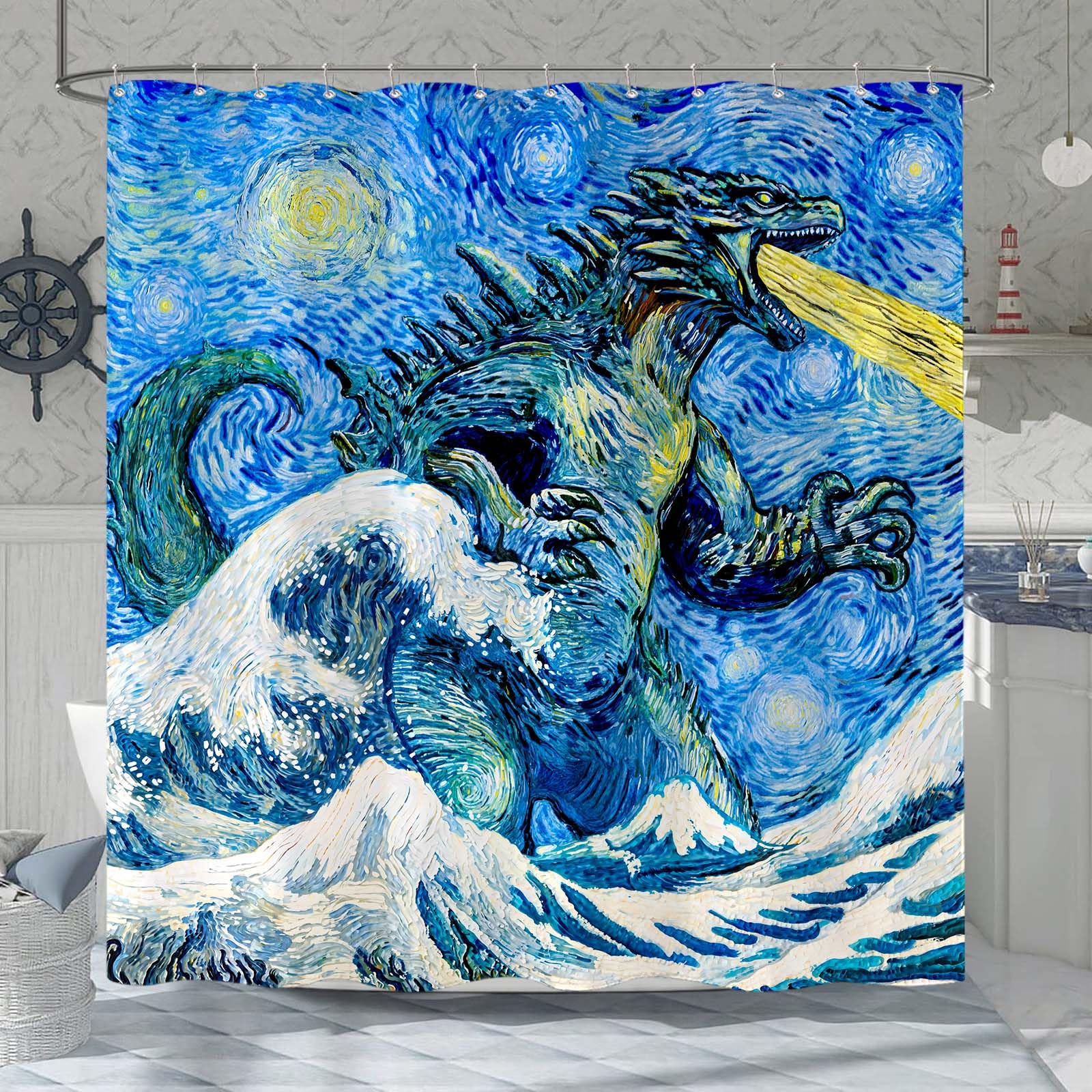 Wegklazax Dinosaur Shower Curtain Monster Funny Shower Curtain Van Gogh Wave Shower Curtain Bathroom Curtain Decor Set With 12 H