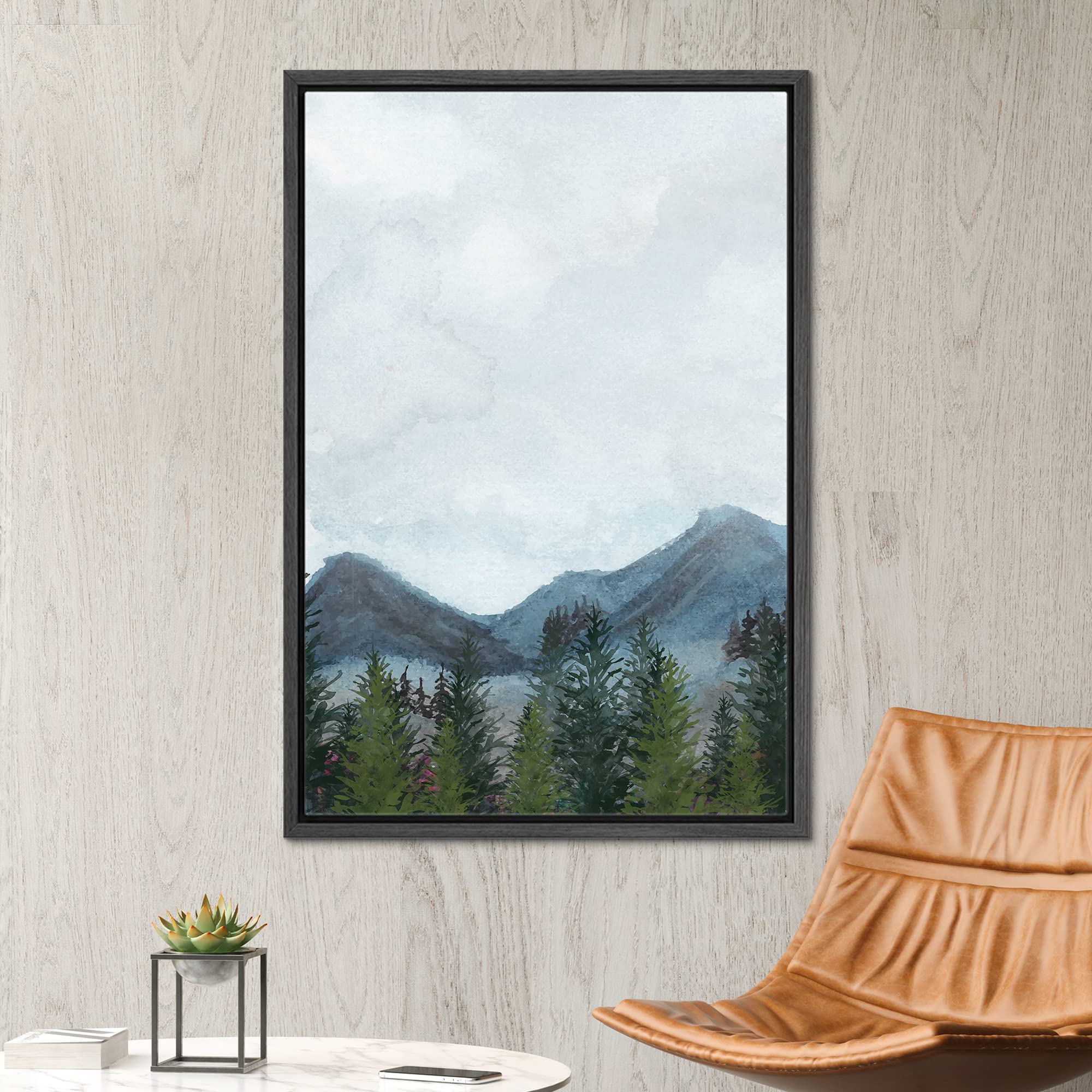 Signwin Framed Canvas Print Wall Art Woodland Nursery Decor Blue & Green Watercolor Mountain Forest Floral Nature Illustrations