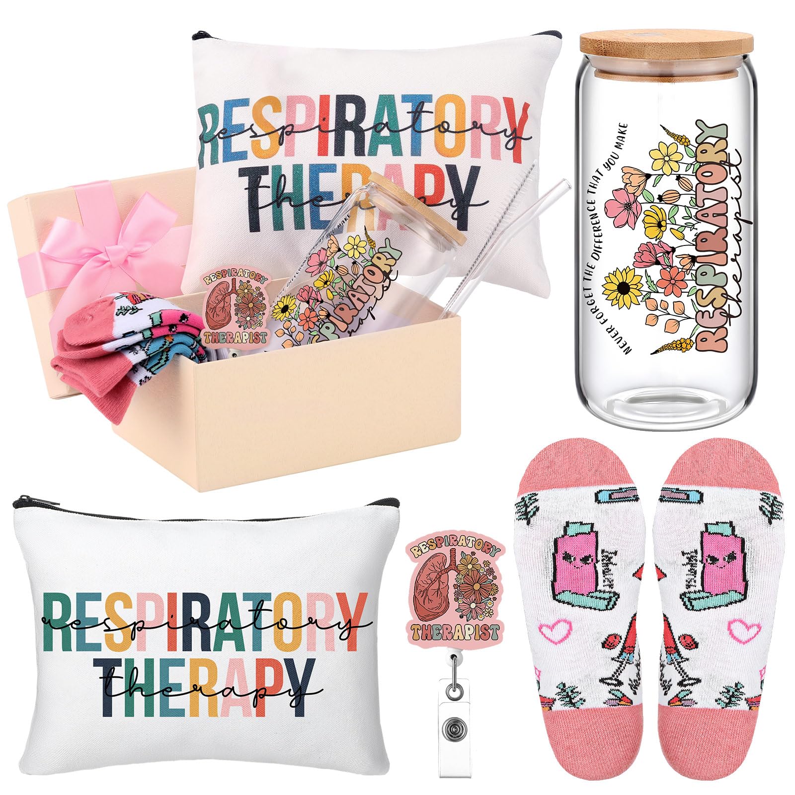 Skylety 5 Pcs Christmas Respiratory Therapist Gifts Set 16oz Glass Cup Socks Cosmetic Bag RT Badge Reel Thank You RT Appreciatio