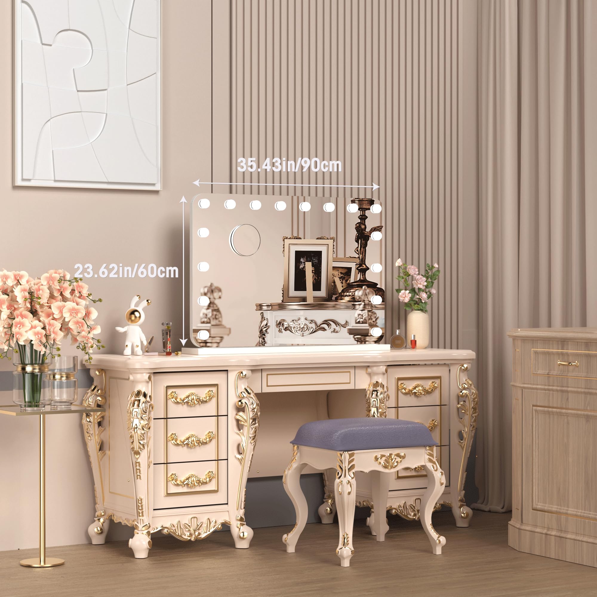 36''X24'' Hollywood Vanity Mirror With Lights, Lighted Makeup Mirror With 16 Dimmable Led Bulbs, 3 Color Lighting Modes & Steple