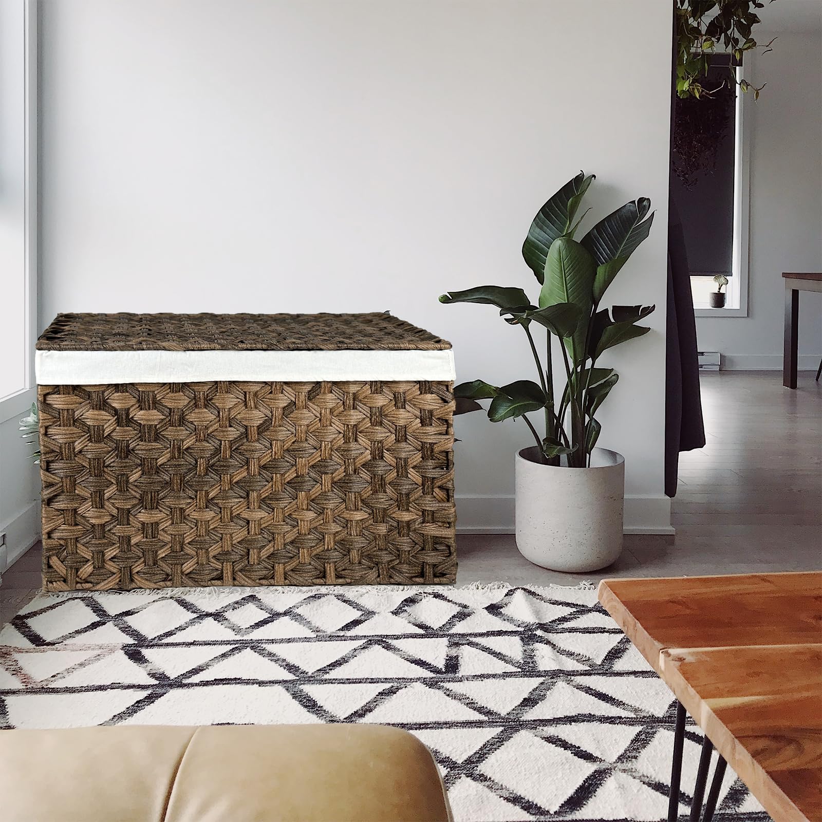 Moorliter Storage Basket With Lid, 42.3 Gallon (160L) Blanket Storage Basket With Handles, Woven Storage Bin, Removable Liner, F