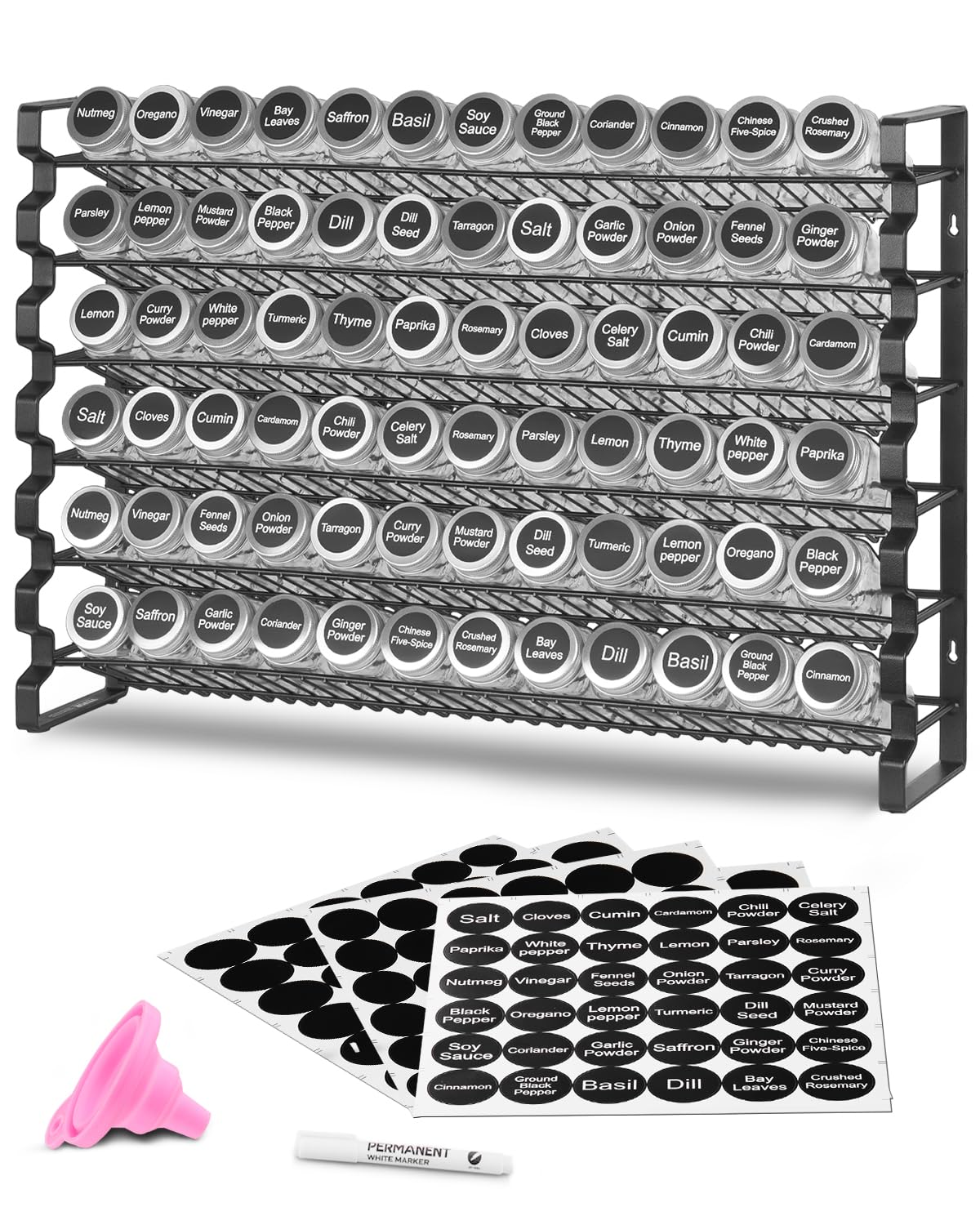 VEVOR Spice Rack Organizer for Cabinet, Spice Organizer with 72 Empty Spice Jars, Lids, Spice Labels, and Funnel Complete Set, S