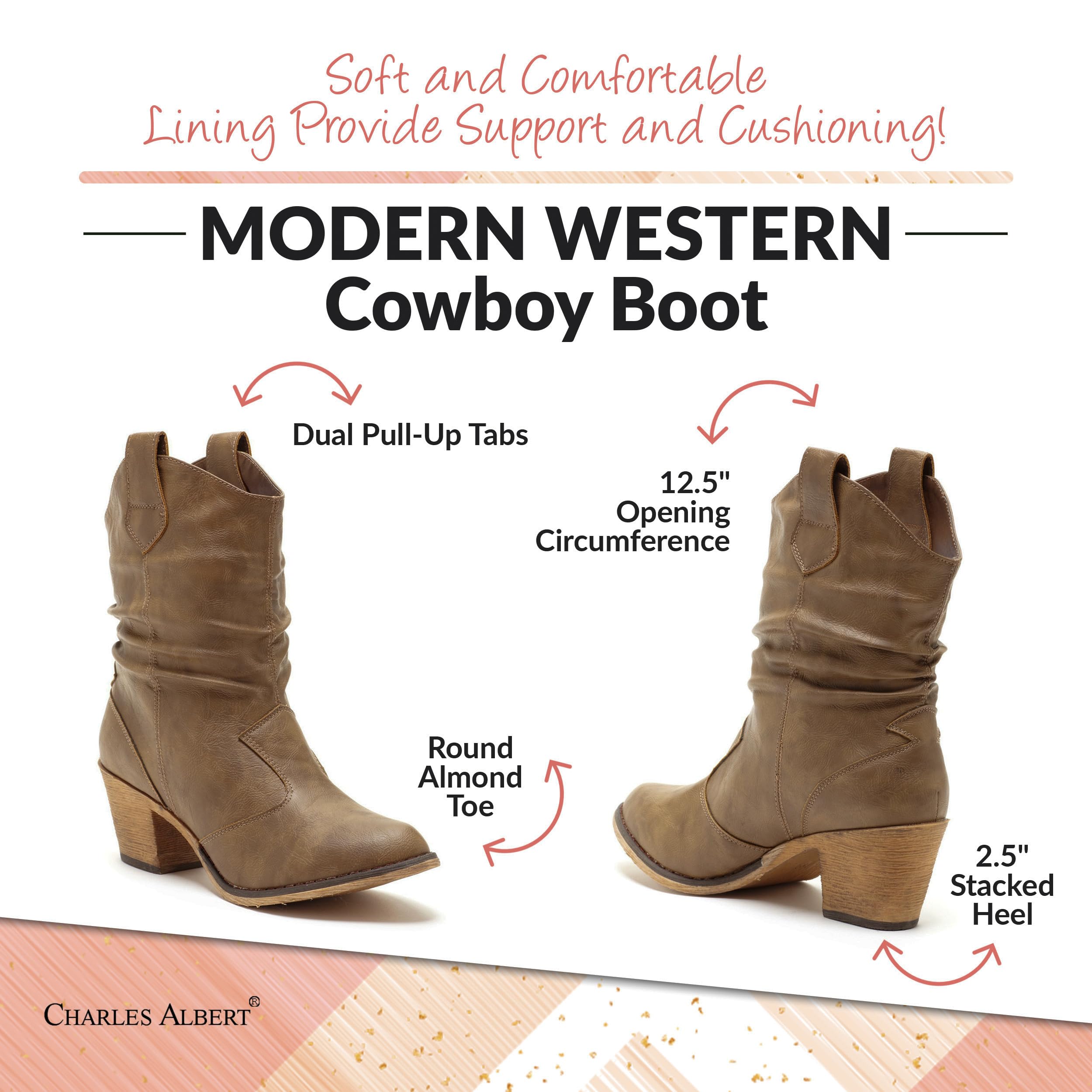 Charles Albert Womens Boot - Modern Western Cowboy Distressed Boot With Pull-Up Tabs (Mocha, 10)