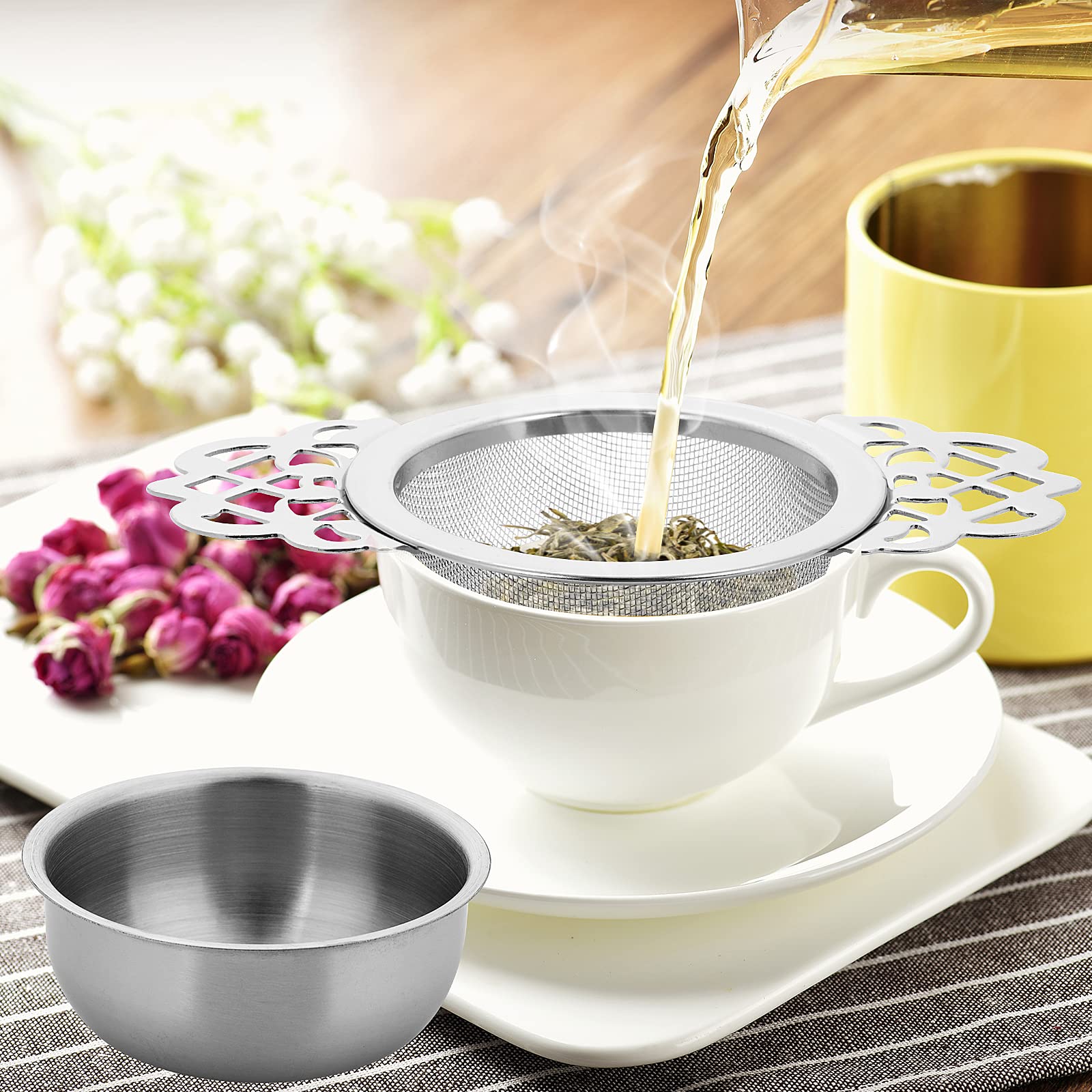 2 Pack Small Fine Mesh Tea Strainers With Bowl, Stainless Steel Loose Tea Infusers Strainers 7 Cm Diameter Tea Filter With Doubl