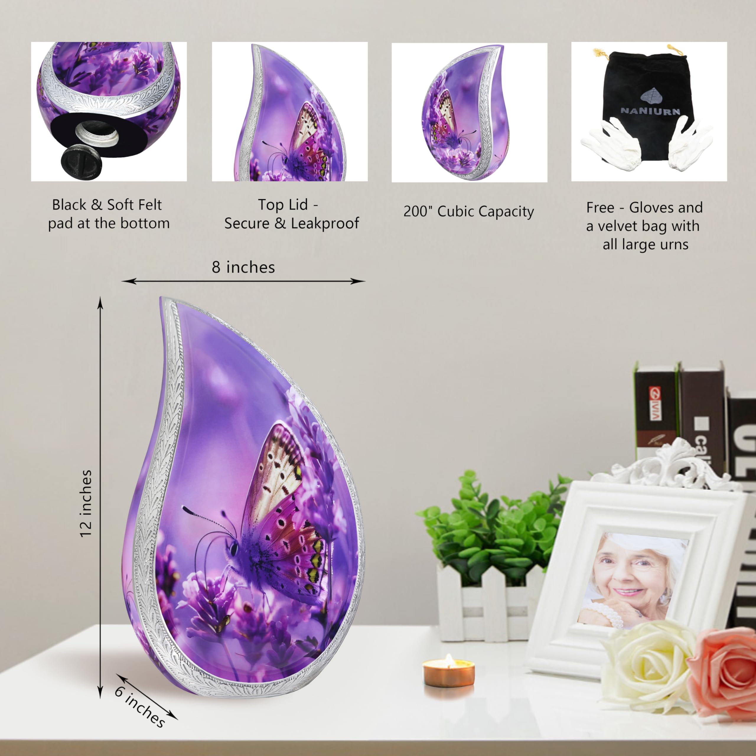 NANIURN Small Urns for Human Ashes Keepsake, Cremation Urn for Ashes for Women & Men, Purple Butterfly and Lavender, Mini Teardr