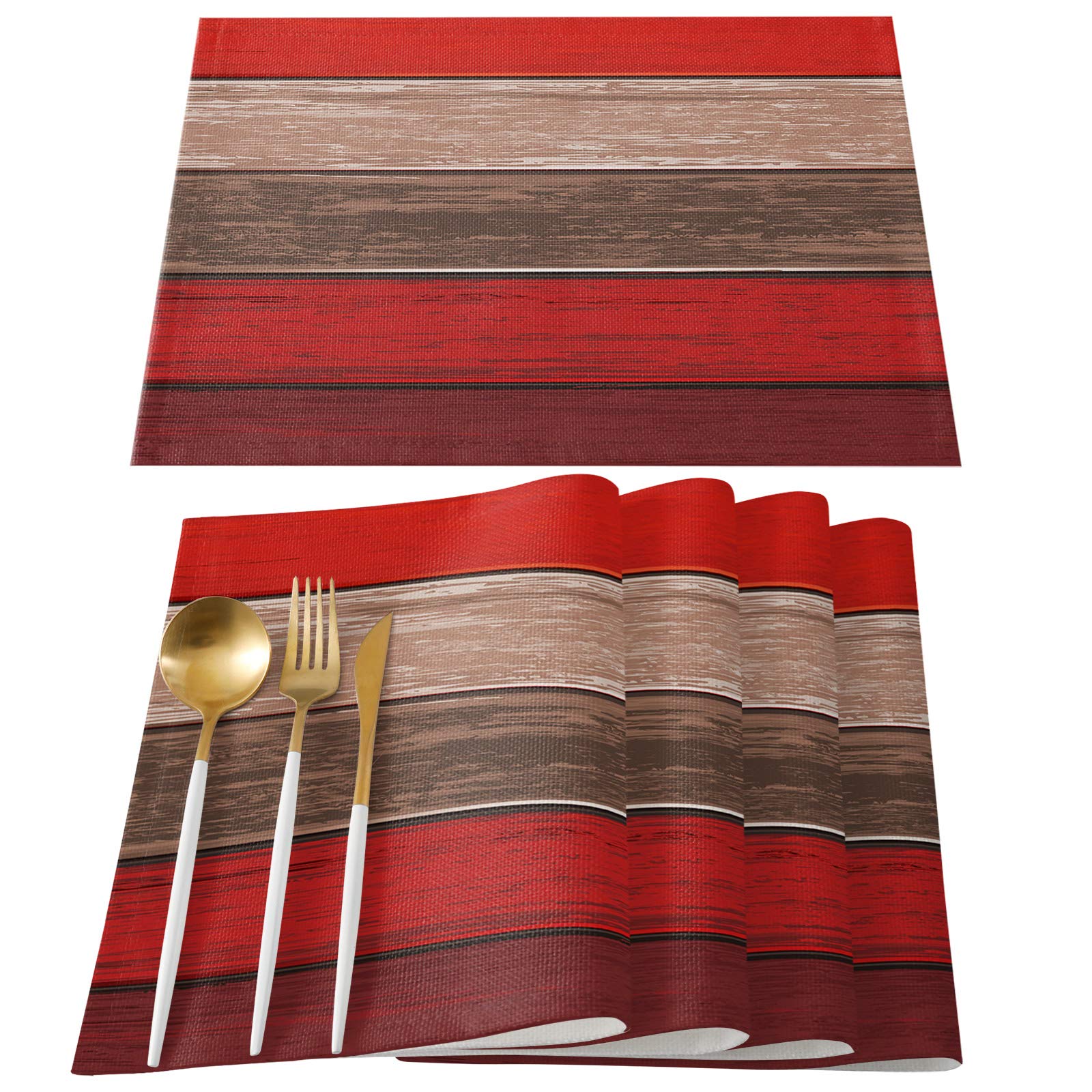 Vandarllin Christmas Red Brown Placemats Set Of 6, Retro Rustic Barn Wood Texture Polyester Stain Resistant Table Mats Washable