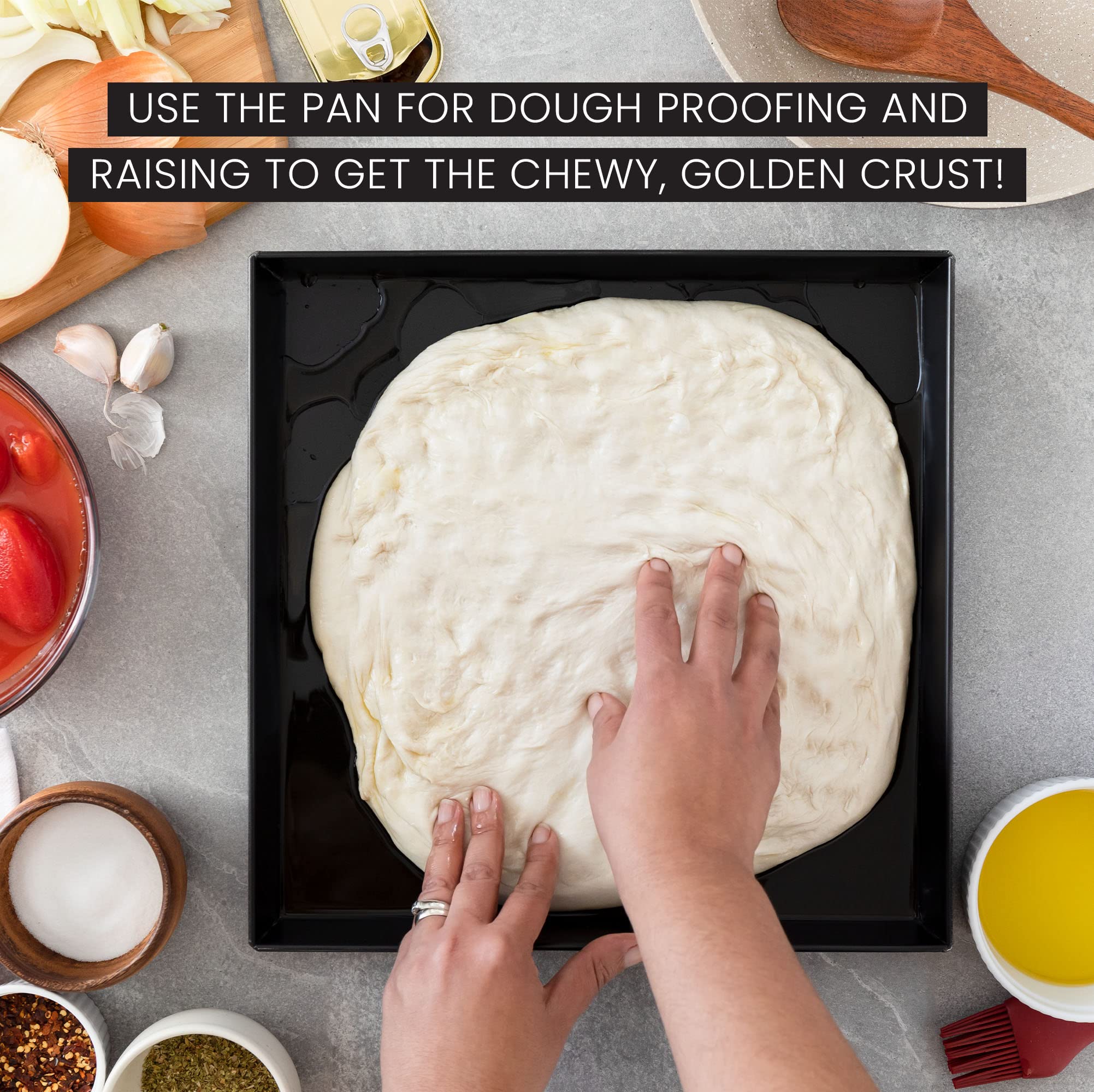 Chef Pomodoro Sicilian Deep Dish Square Pizza Pan, 13.2 X 13.2 X 1.5 Inch, Non-Stick Aluminum, Focaccia Crust, Dough Pre-Seasone