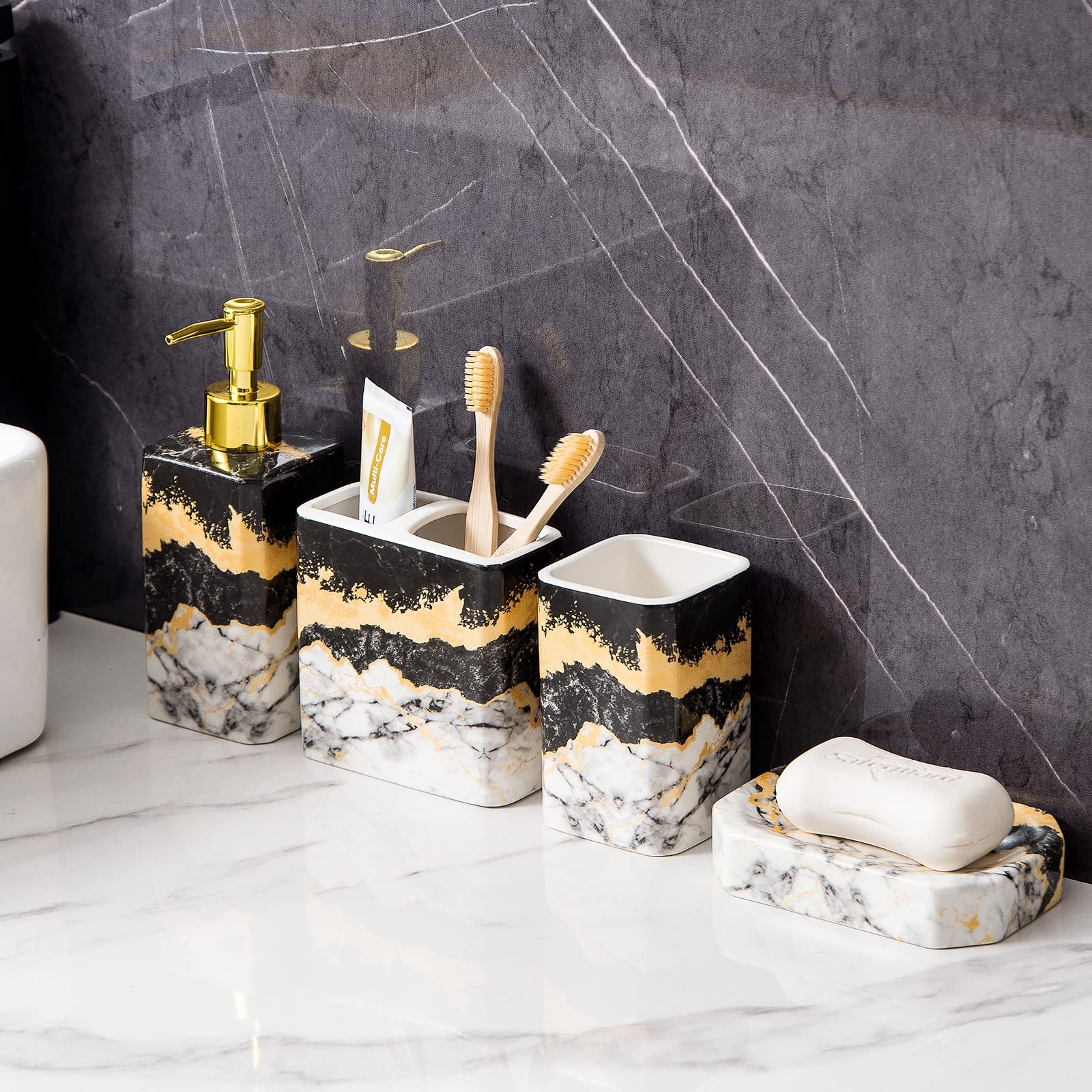 4 Piece Bathroom Accessories Set - Black And White Bathroom Accessories Set Includes Lotion Dispenser, Toothbrush Holder Tumbler