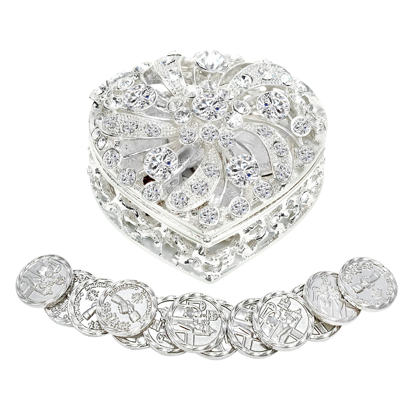 Wedding Arras Coins Set, Arras De Boda Catolica, Arras Para Boda Catolica Silver Heart Shaped Box with Decorative Rhinestone Cry