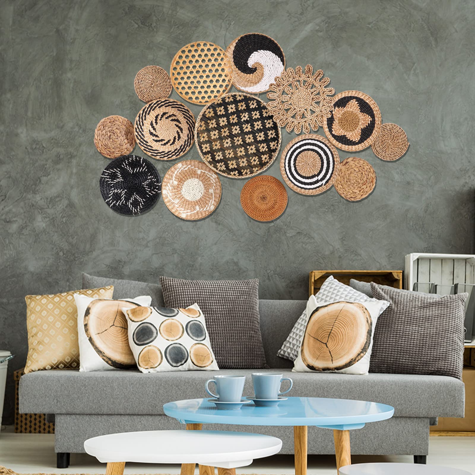 Nuenen Set Of 14 Hanging Woven Wall Basket, Boho Basket Wall Decor, Rustic Wall Decor Handcrafted Hanging Kitchen Baskets For Ki