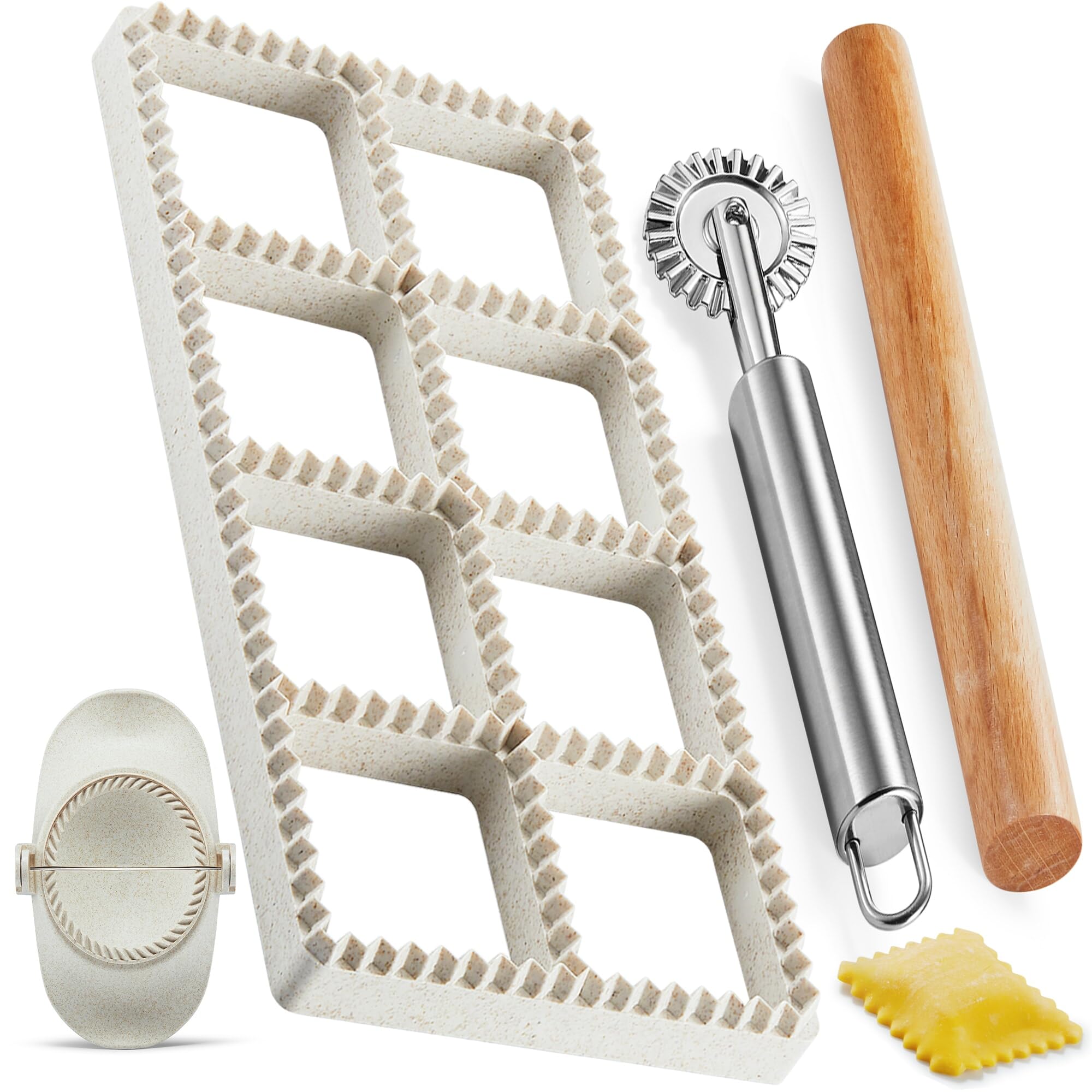 MUMSUNG Ravioli Maker Press, Ravioli Press Mold Set - 1.85 Squares Ravioli Stamp Maker Cutter with Wood Rolling Pin, 2.6 Empanad