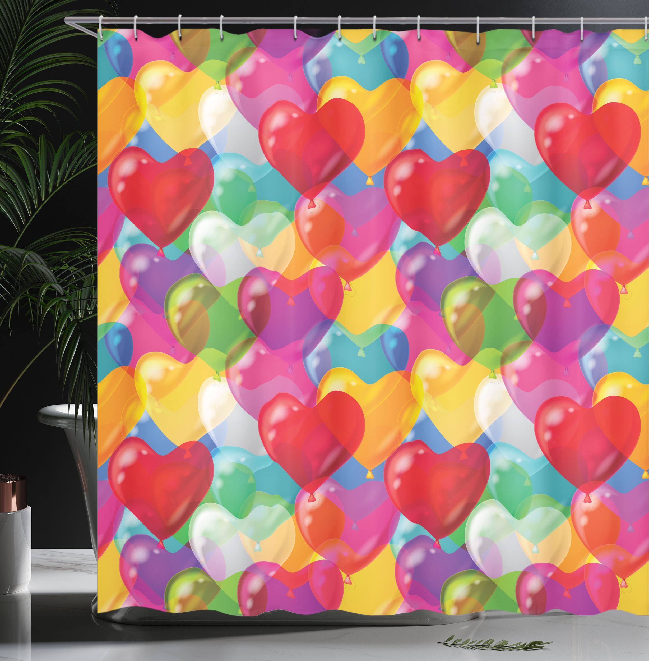 Ambesonne Love Shower Curtain, Heart Shaped Balloons In Colorful Illustration Cheerful Birthday Carnival Happiness, Cloth Fabric