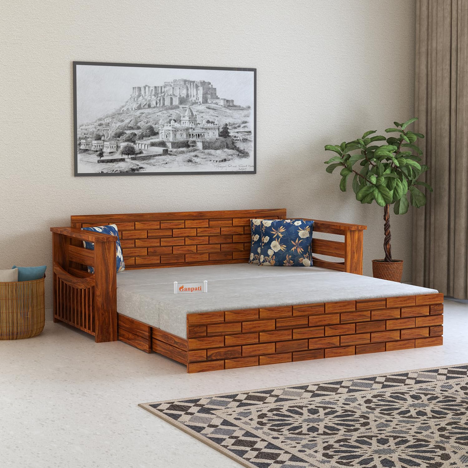 Ganpati Arts Solid Sheesham Wood 3 Seater Italian Sofa Cum Bed With Storage And Side Pockets For Living Room Wooden Sofa Bed For
