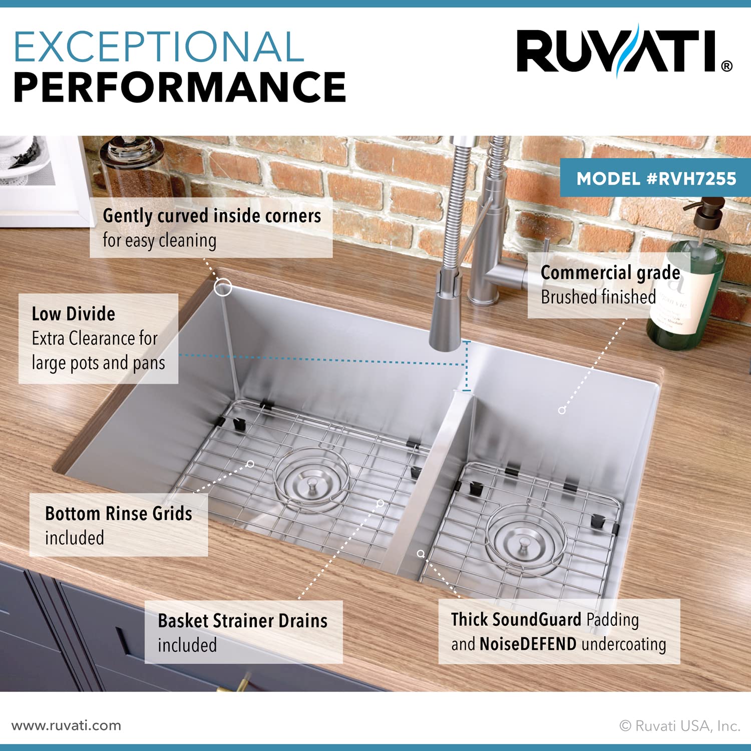 Ruvati 28-Inch Low-Divide Undermount Tight Radius 60/40 Double Bowl 16 Gauge Stainless Steel Kitchen Sink - Rvh7255