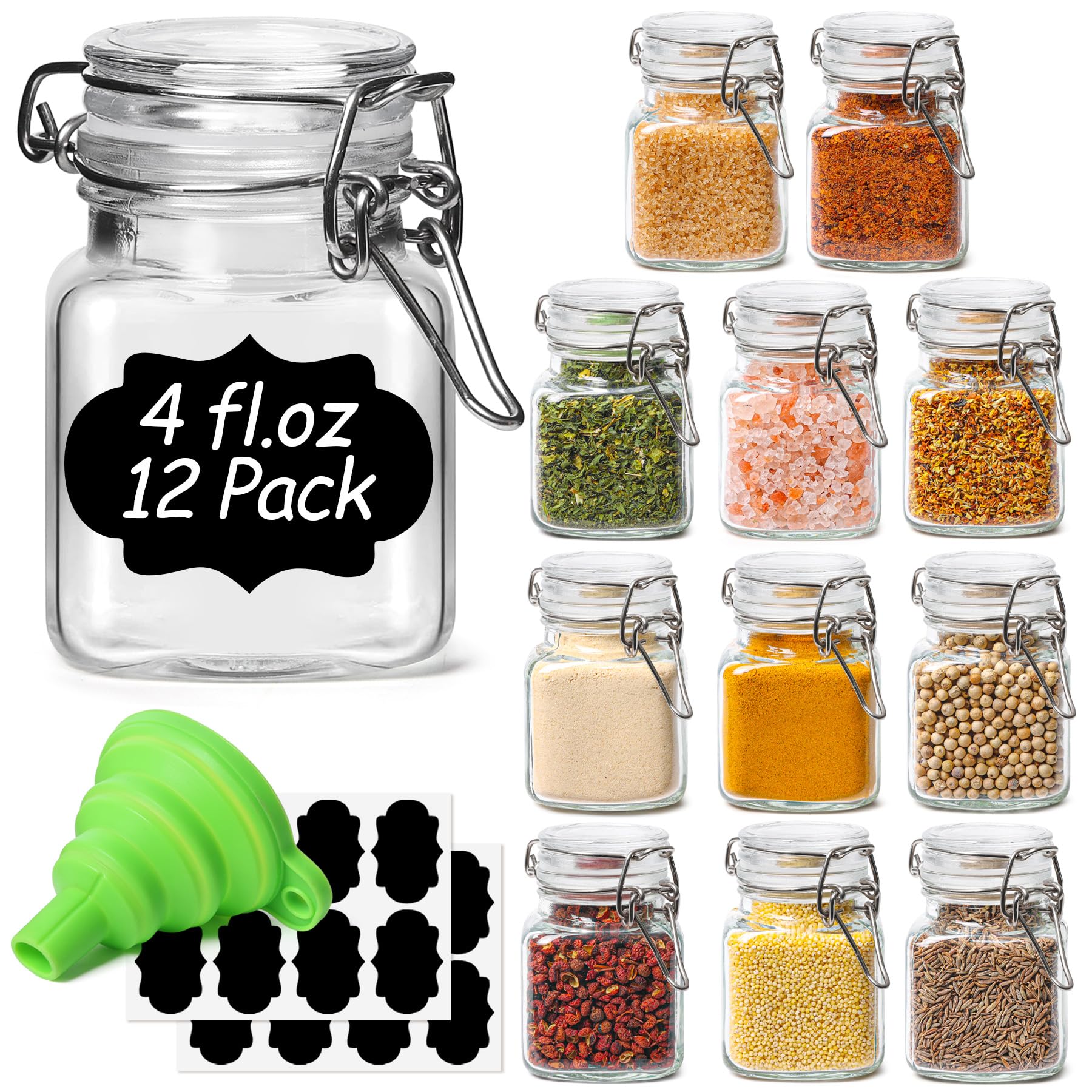 ComSaf 4 oz Glass Jars with Lid, Set of 12 Mini Airtight Glass Jars, Spice Jars, Small Mason Jar, Canning Jar Square with Seal W