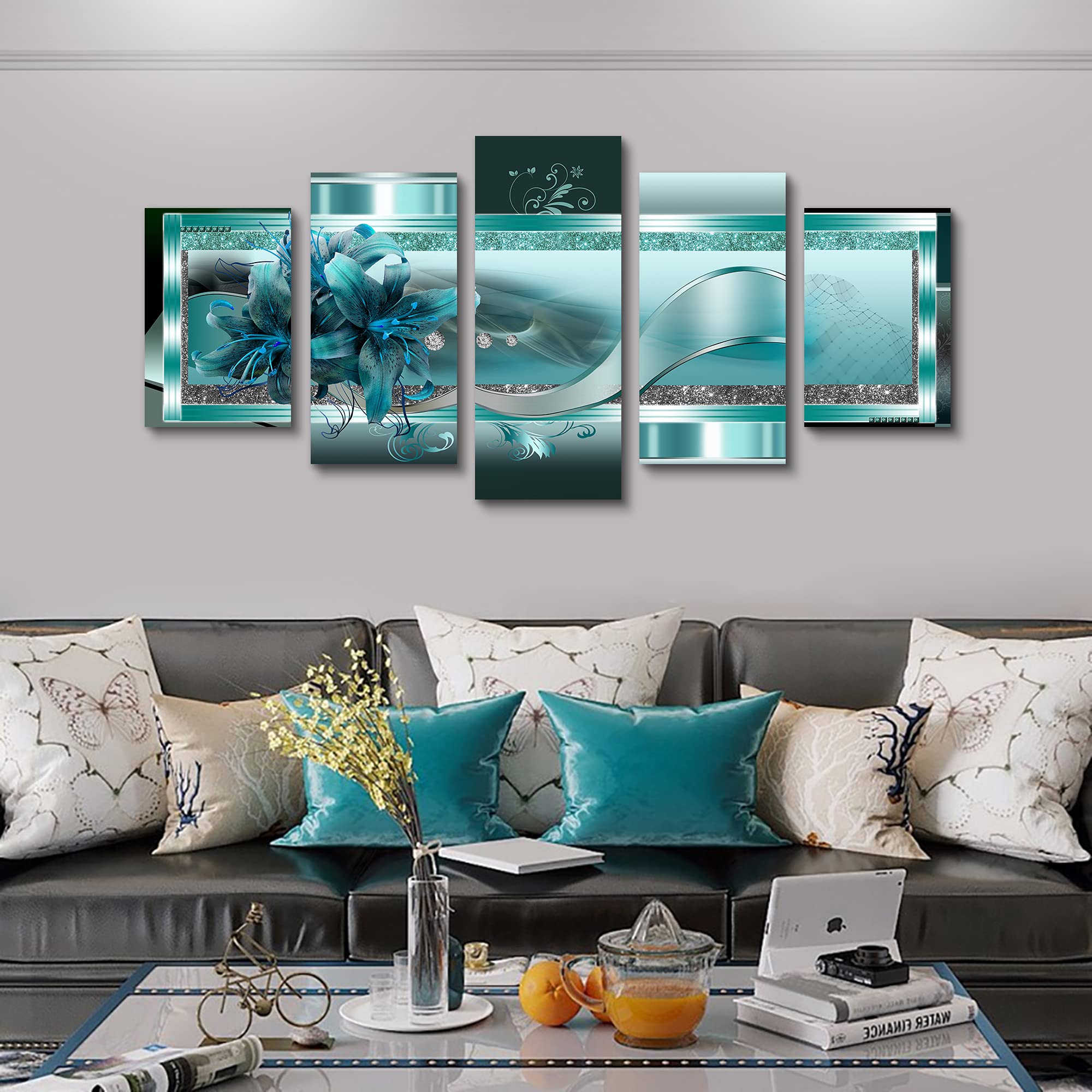 LUDUHU Extra Large Orchid Flowers Canvas Print - Abstract Turquoise Floral Wall Art Painting Decor for Home Decoration Artwork Picture Bedroom Green Floral (A Oversize 80x40inch)