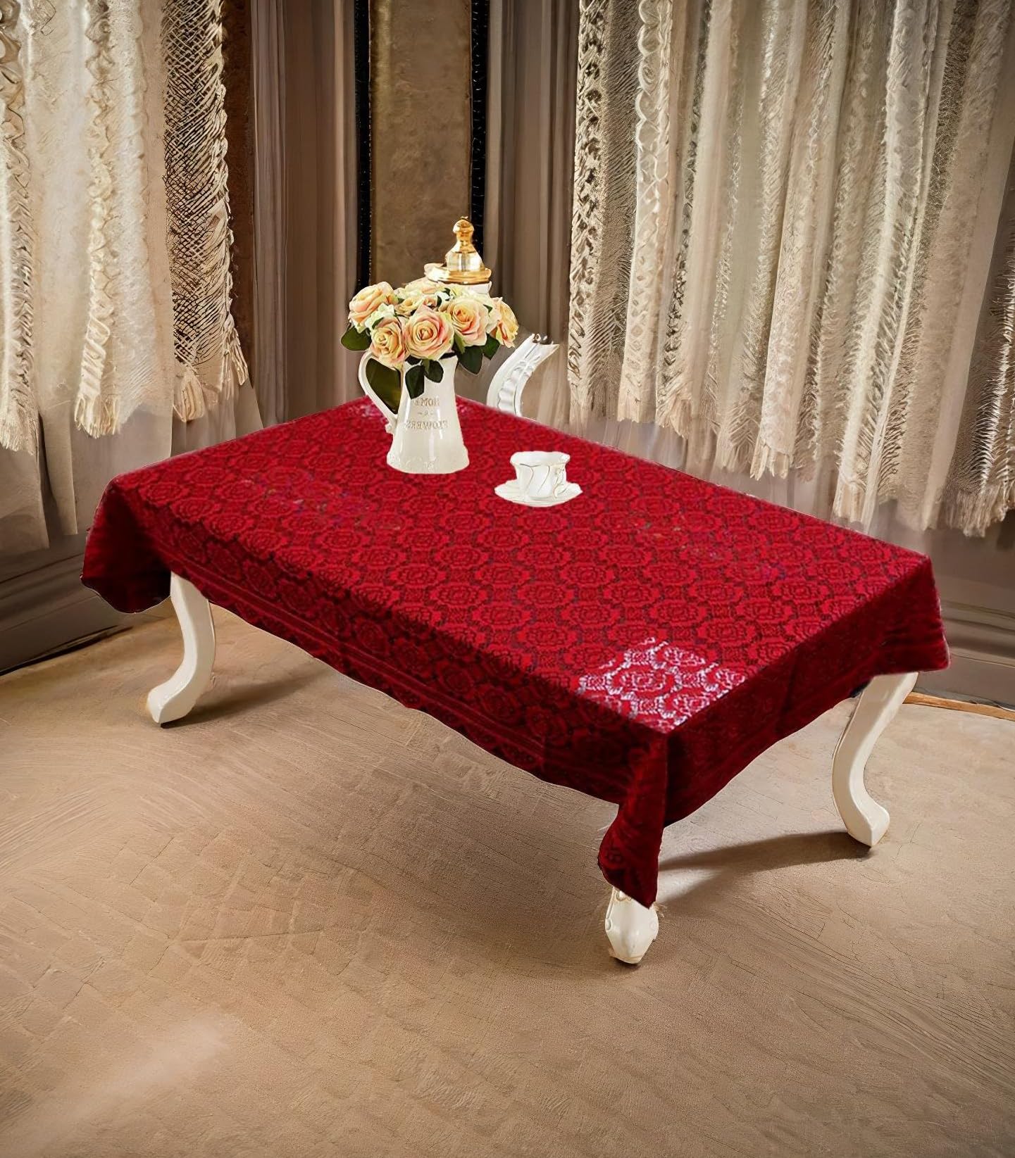 Weavers Villa Cotton Floral Net Rectangular 4 Seater Table Cover (40x60 Inches, Red, Pack of 1)